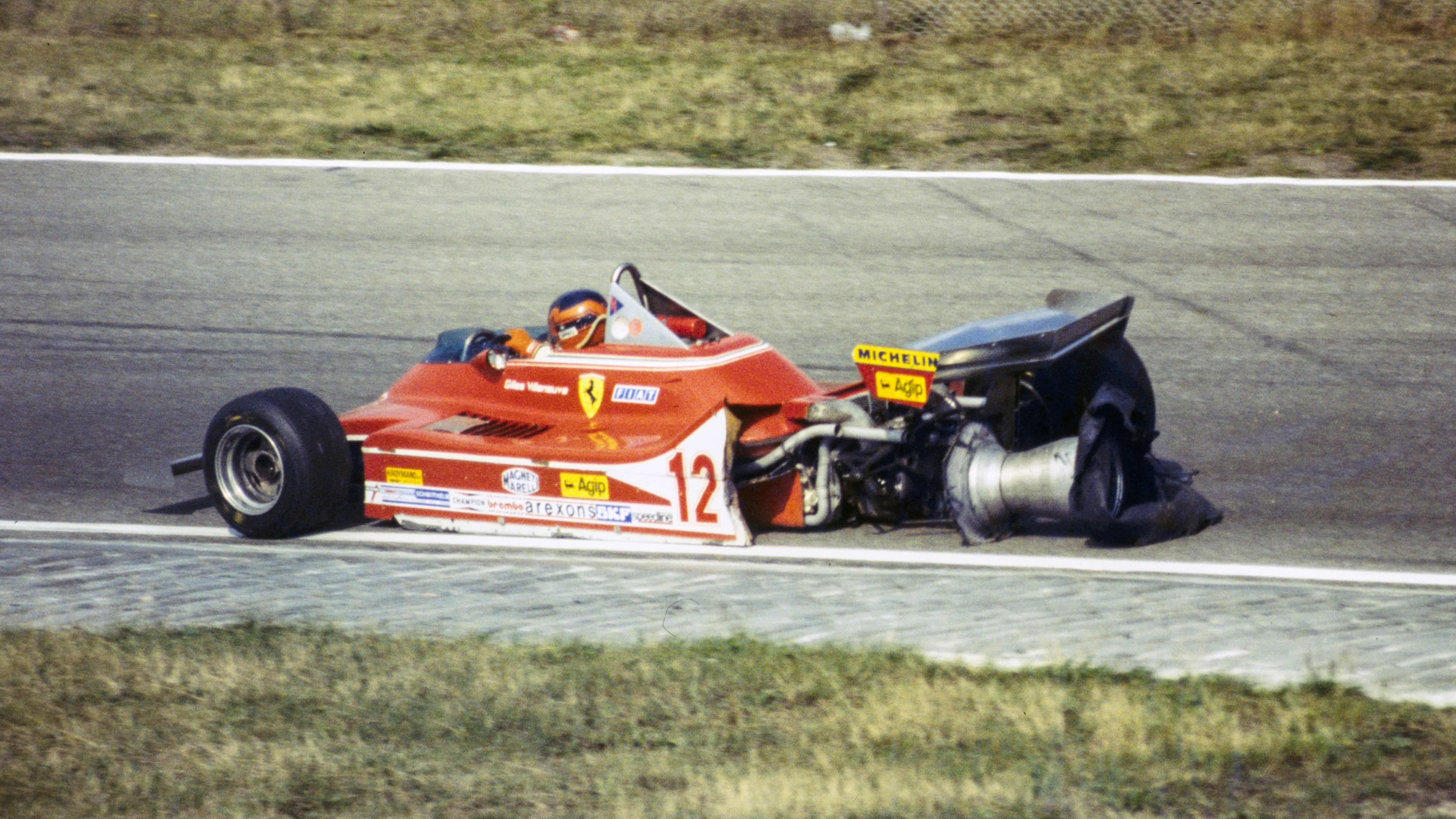 At the 1979 Dutch Grand Prix, Gilles Villeneuve drives his Ferrari with a shredded left rear wheel barely hanging on to his car