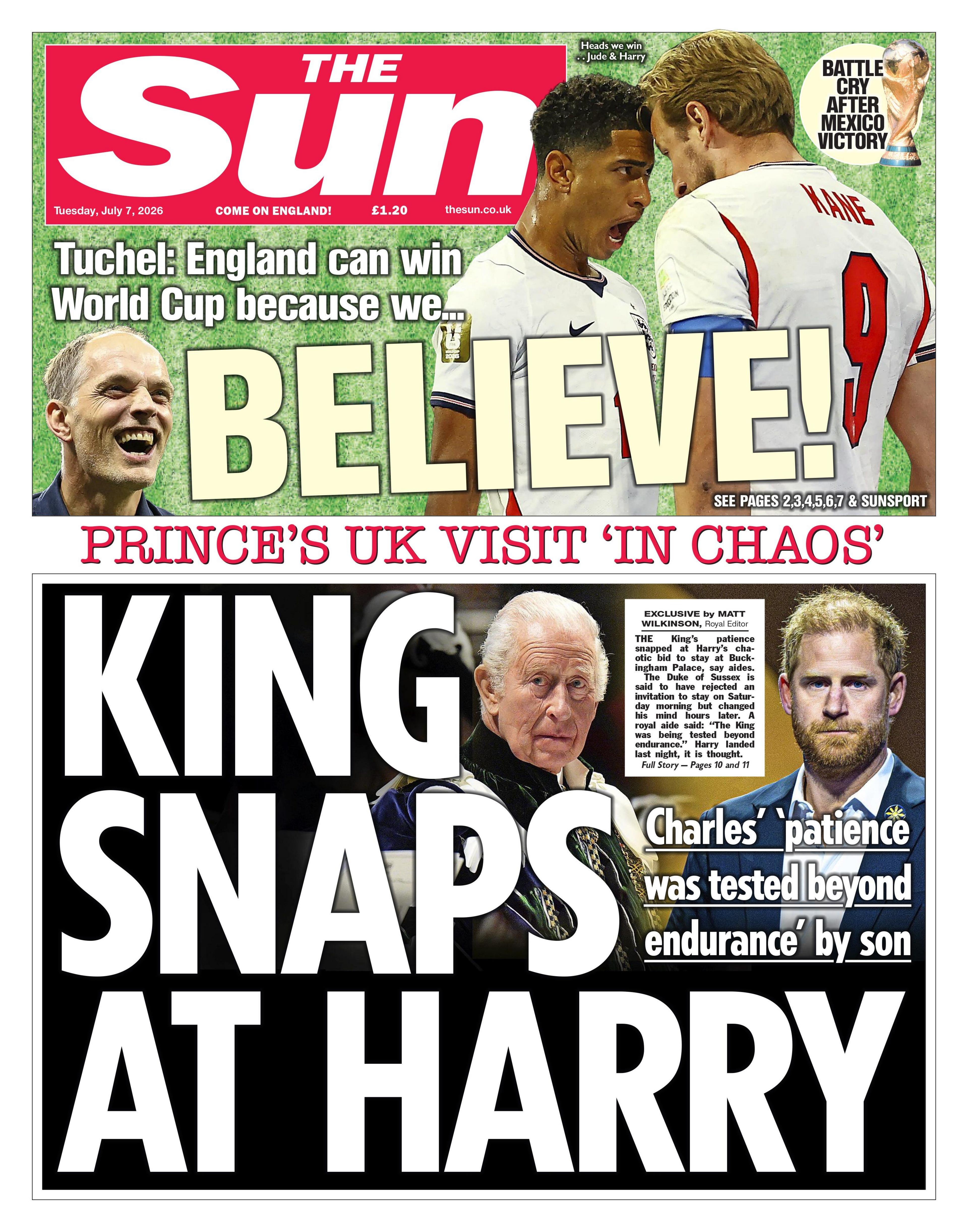 The headline on the front page of the Sun reads: 'King snaps at Harry.'