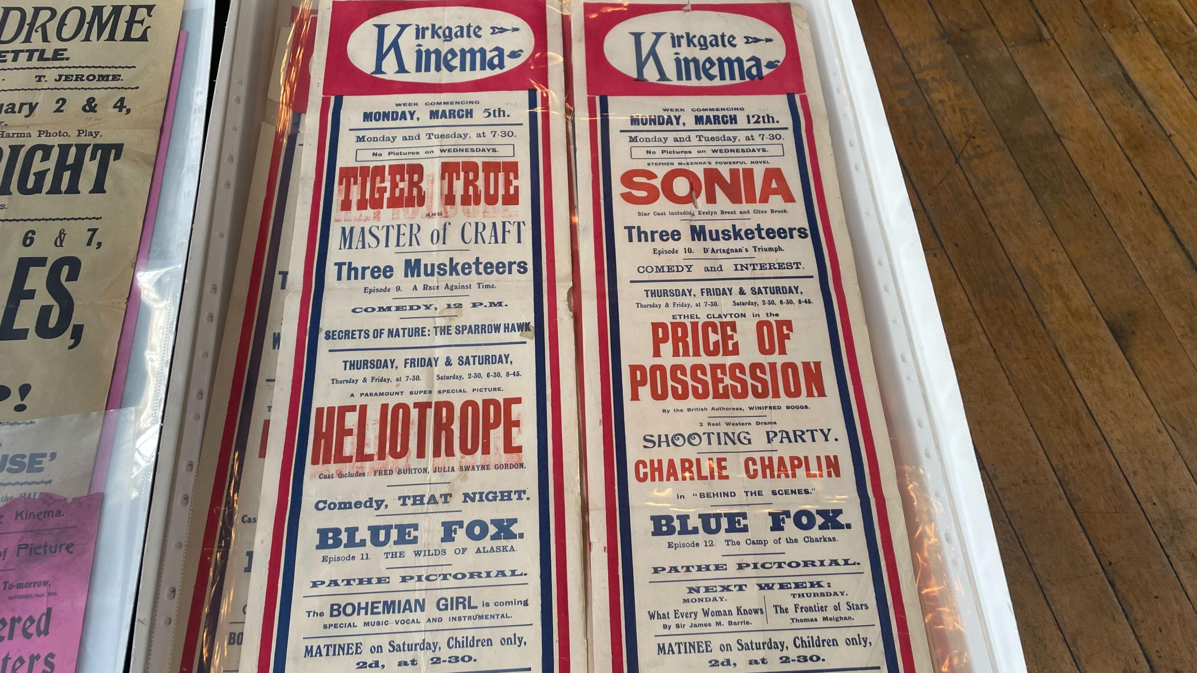 A pair of white, red and blue posters for Kirkgate Kinema in Settle. They show the names of movies, some bigger than others, and a brief summation or tagline of the shows in question.