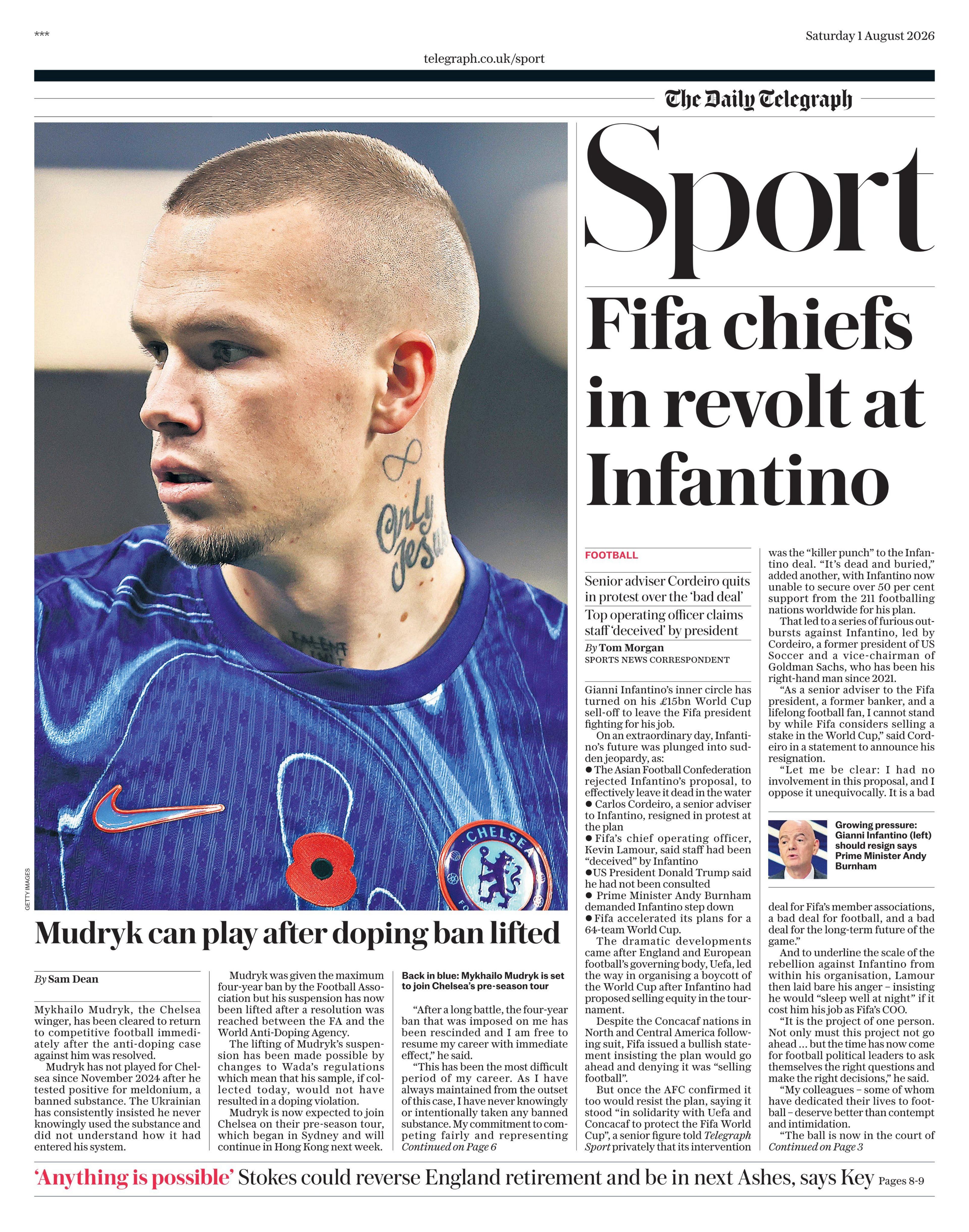 Lead sport page in the Daily Telegraph on 1 August 2026