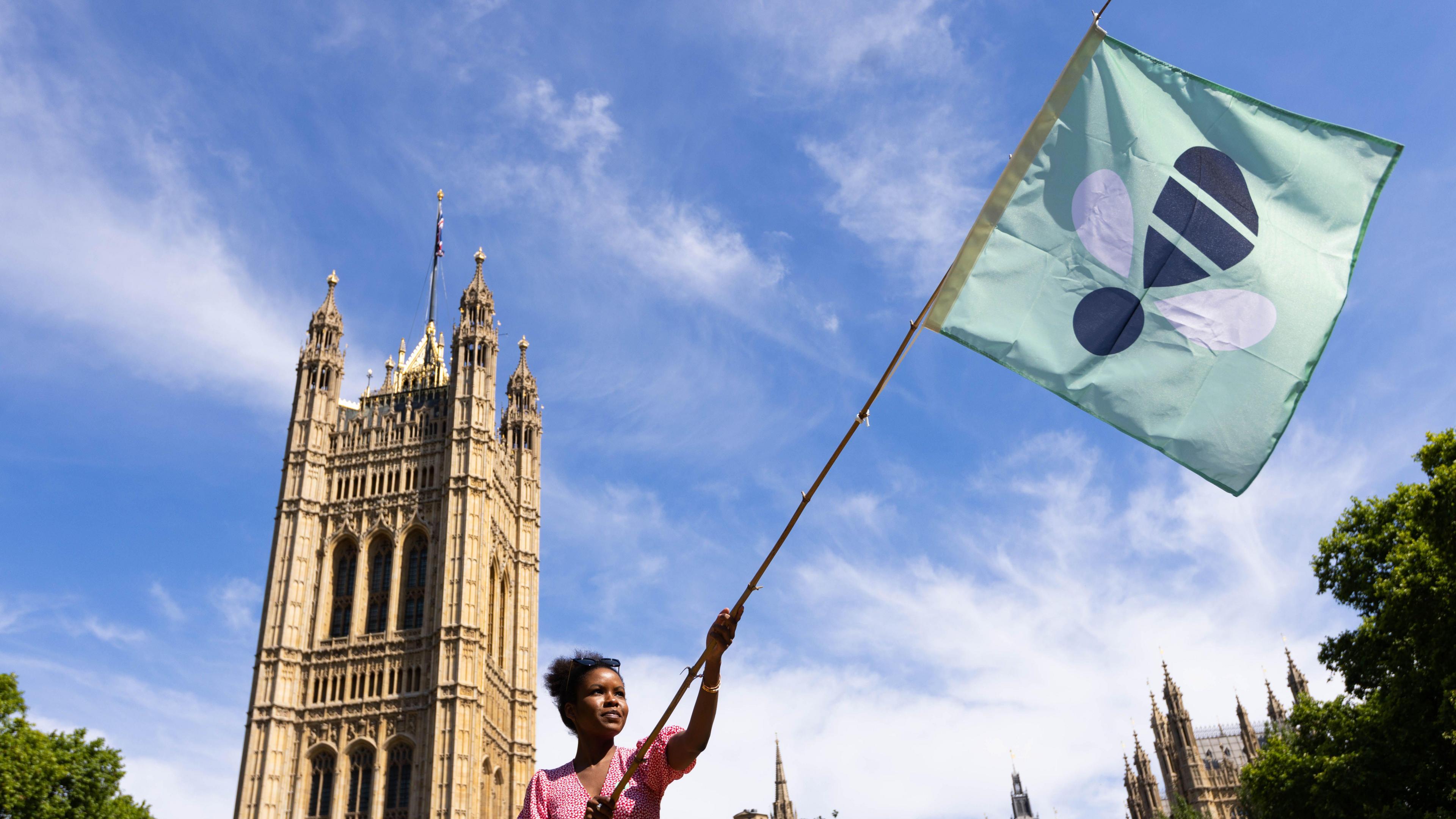 A woman waving a flag against a blue sky background