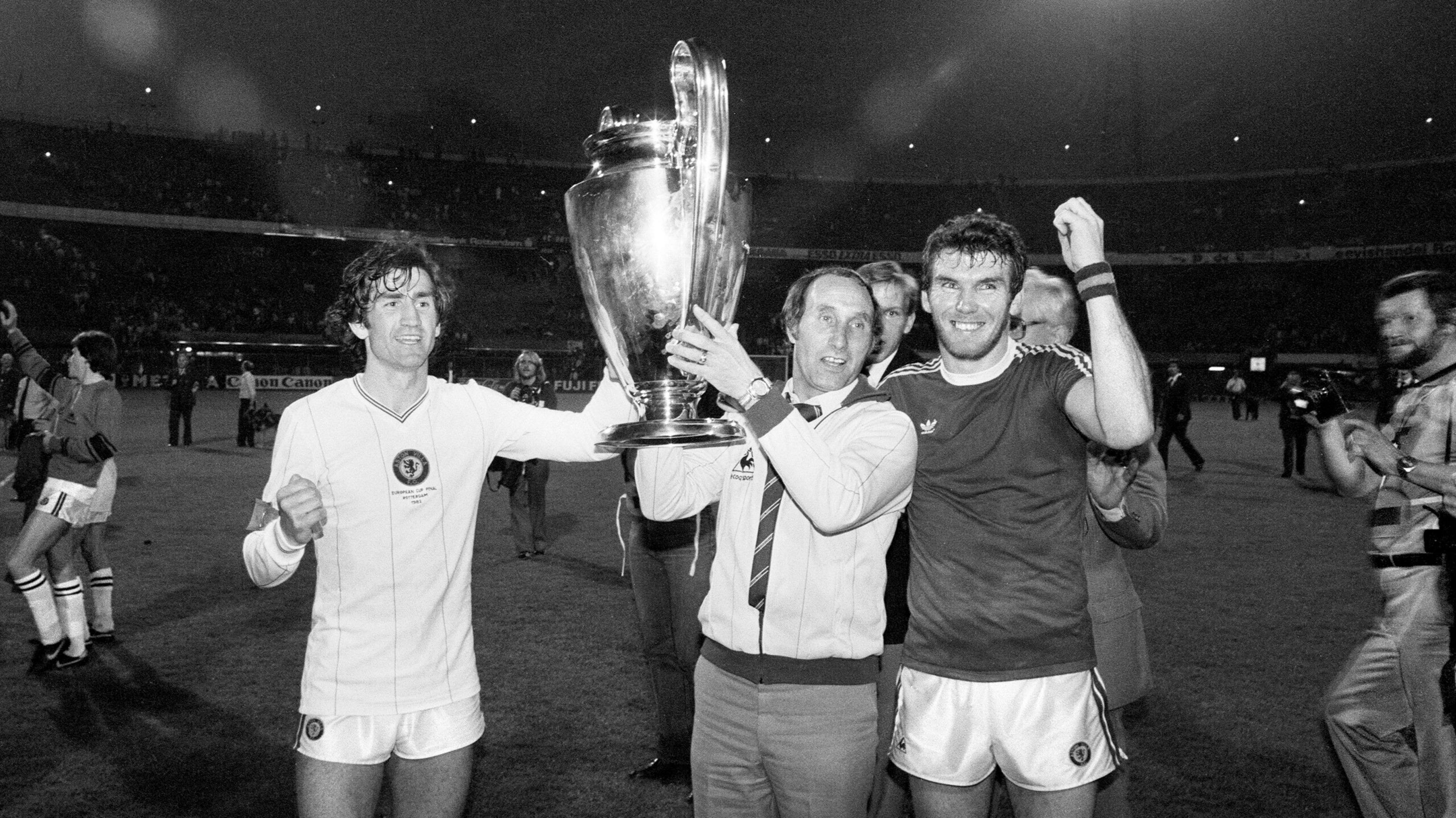 Tony Barton, with captain Dennis Mortimer and matchwinner Peter Withe, celebrate with the European Cup