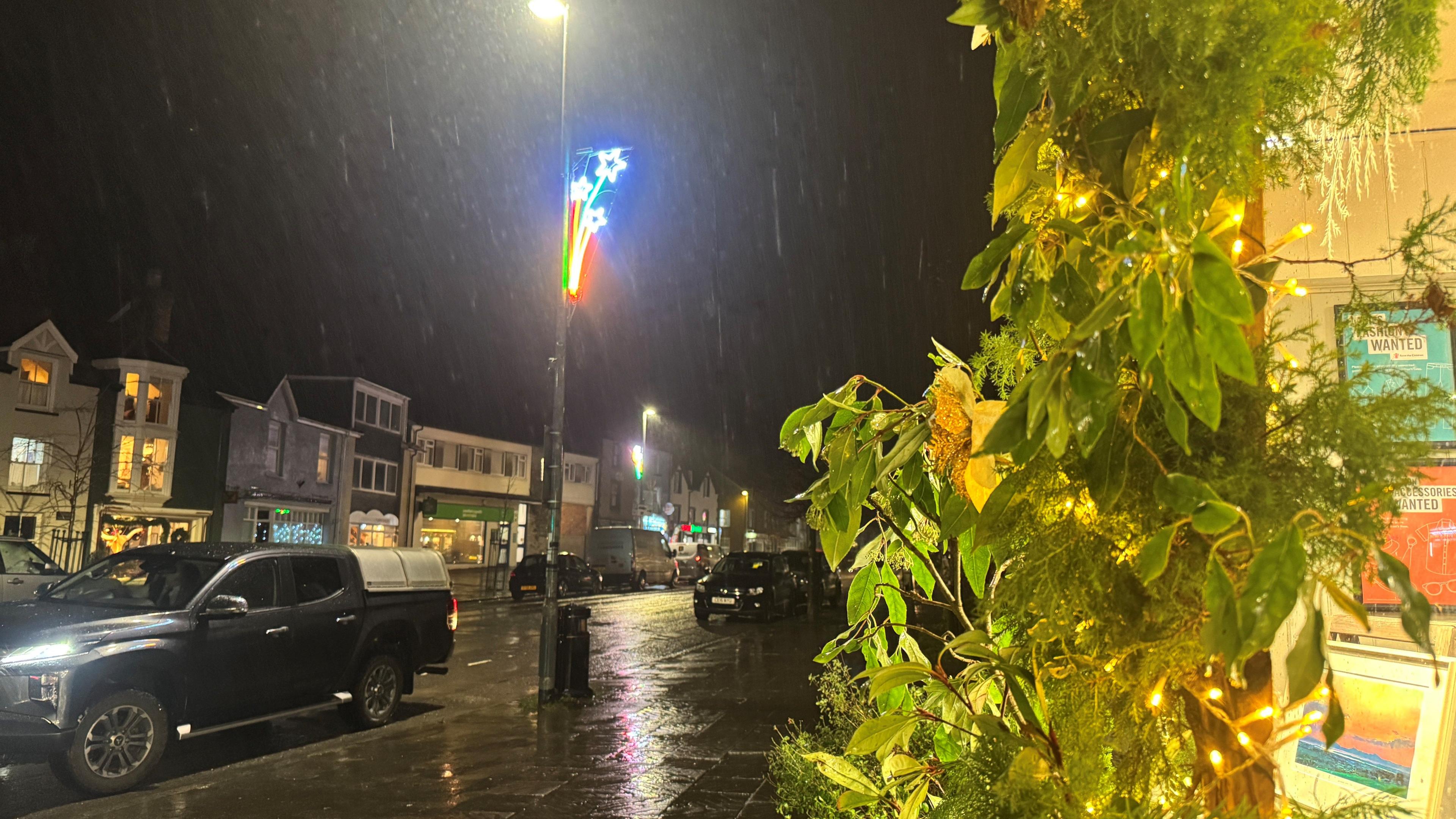 Streets of Machynlleth lit up by Christmas lights