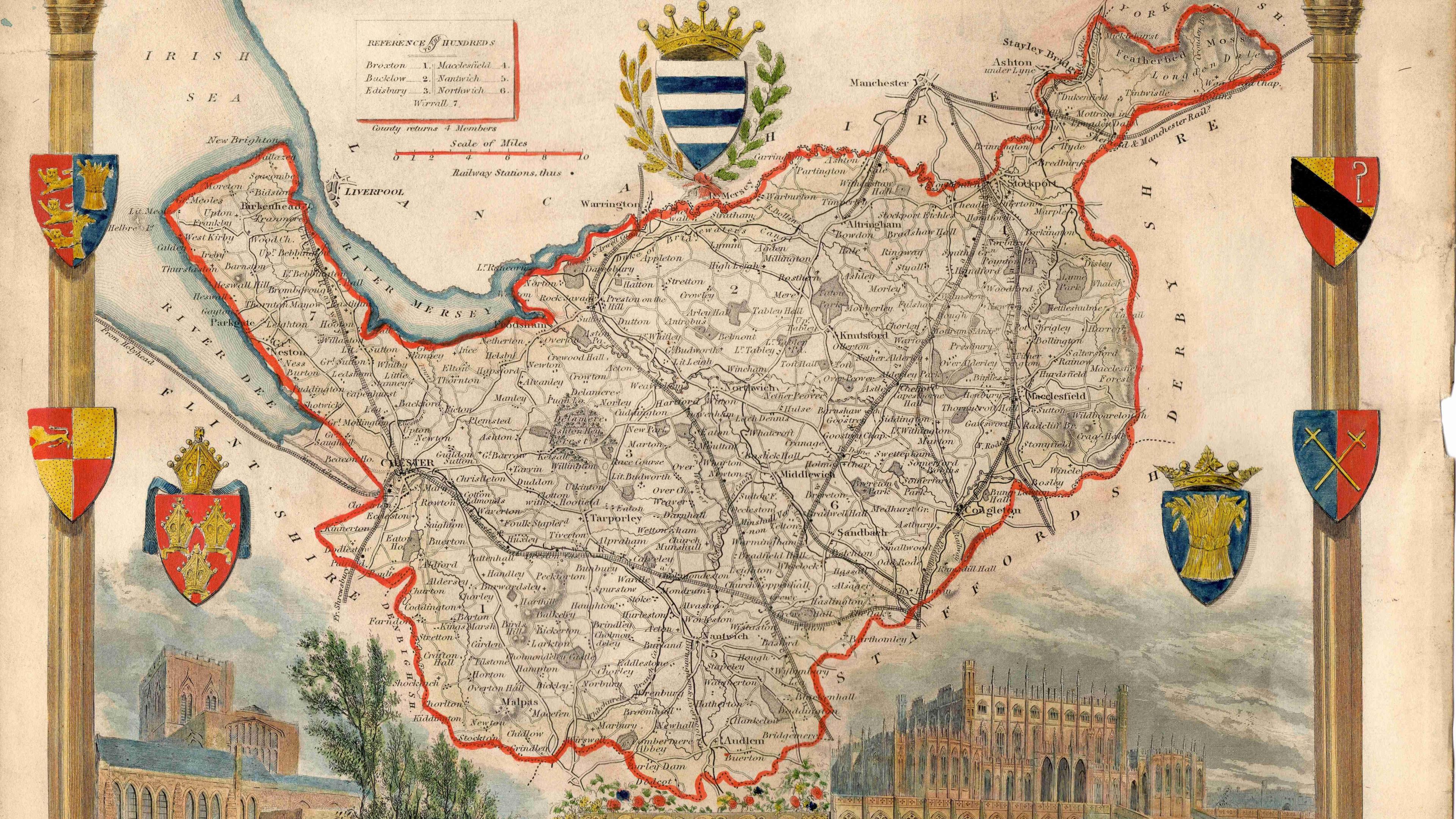 1923 map of Cheshire. It shows the county including parts of what are now Greater Manchester such as Altrincham and Stockport and parts of what are now Merseyside such as the Wirral