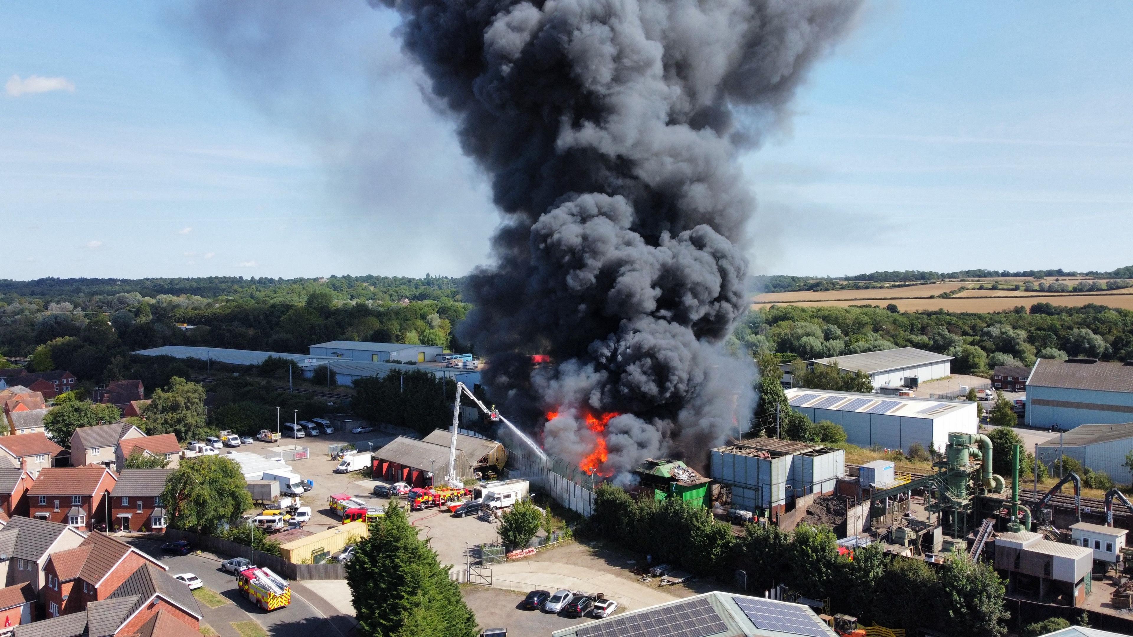 A drone image of Thursday's fire at Sackers showing the extent of the smoke plume