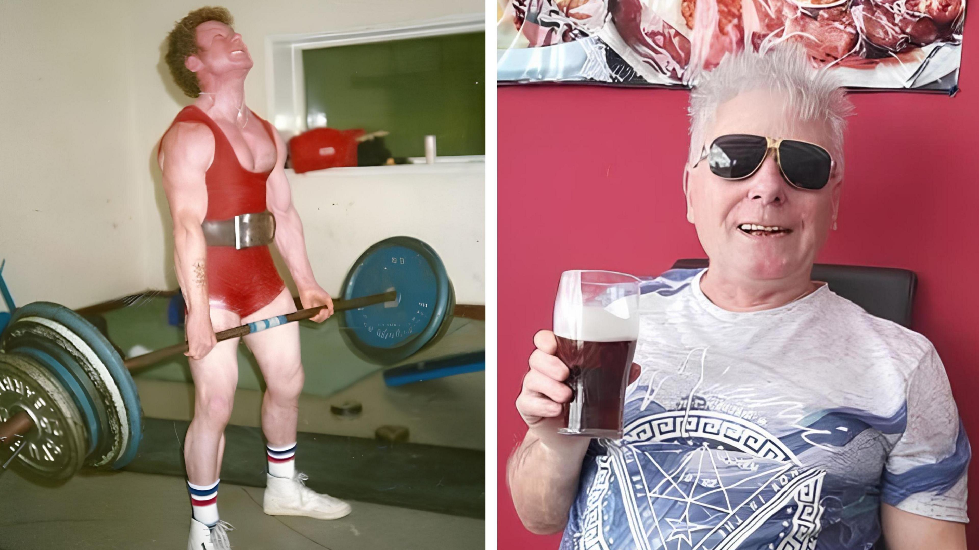 A collage of a man holding a pint of beer and the same man lifting weights many years earlier.