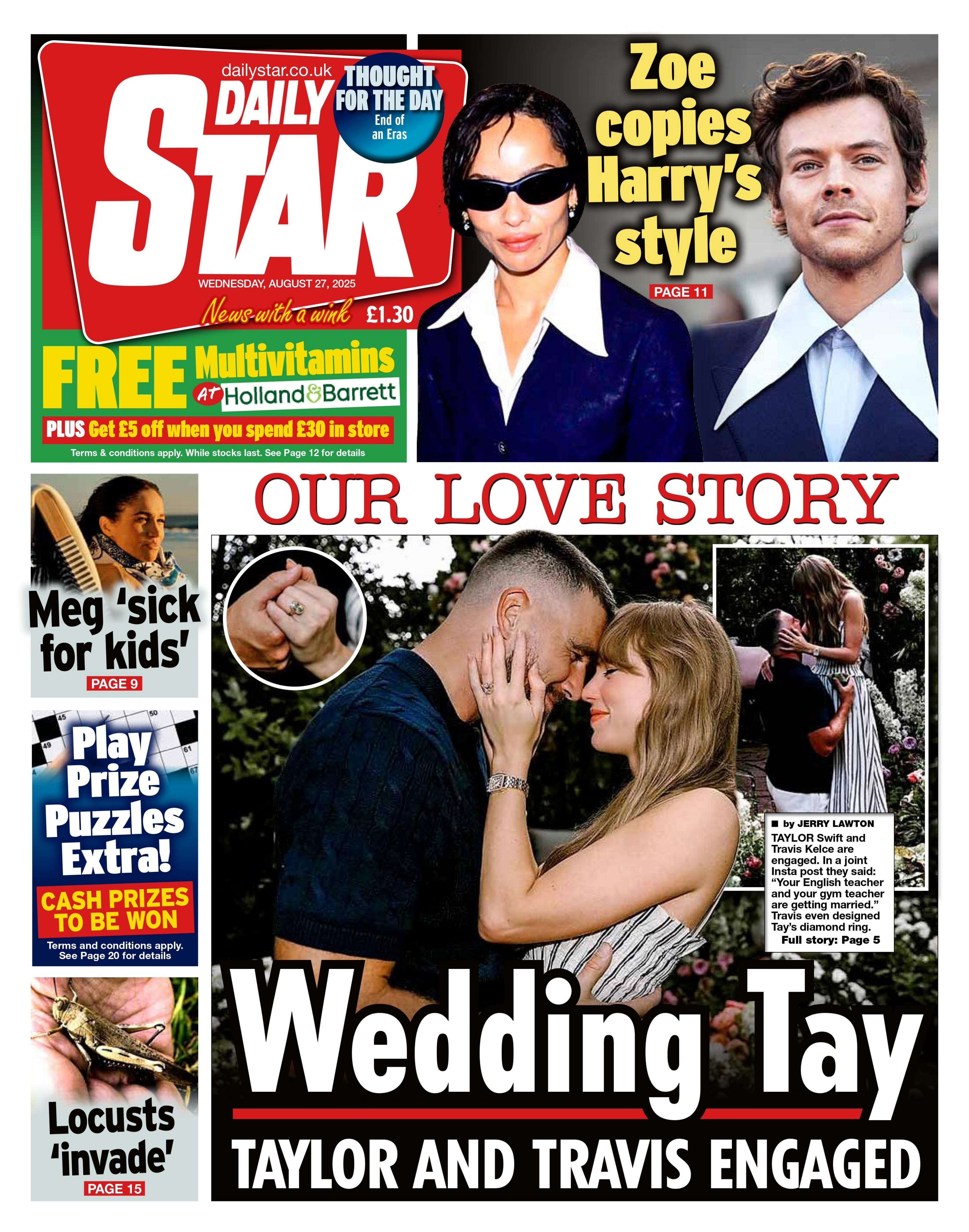 The headline on the front page of the Daily Star: "Wedding Tay".