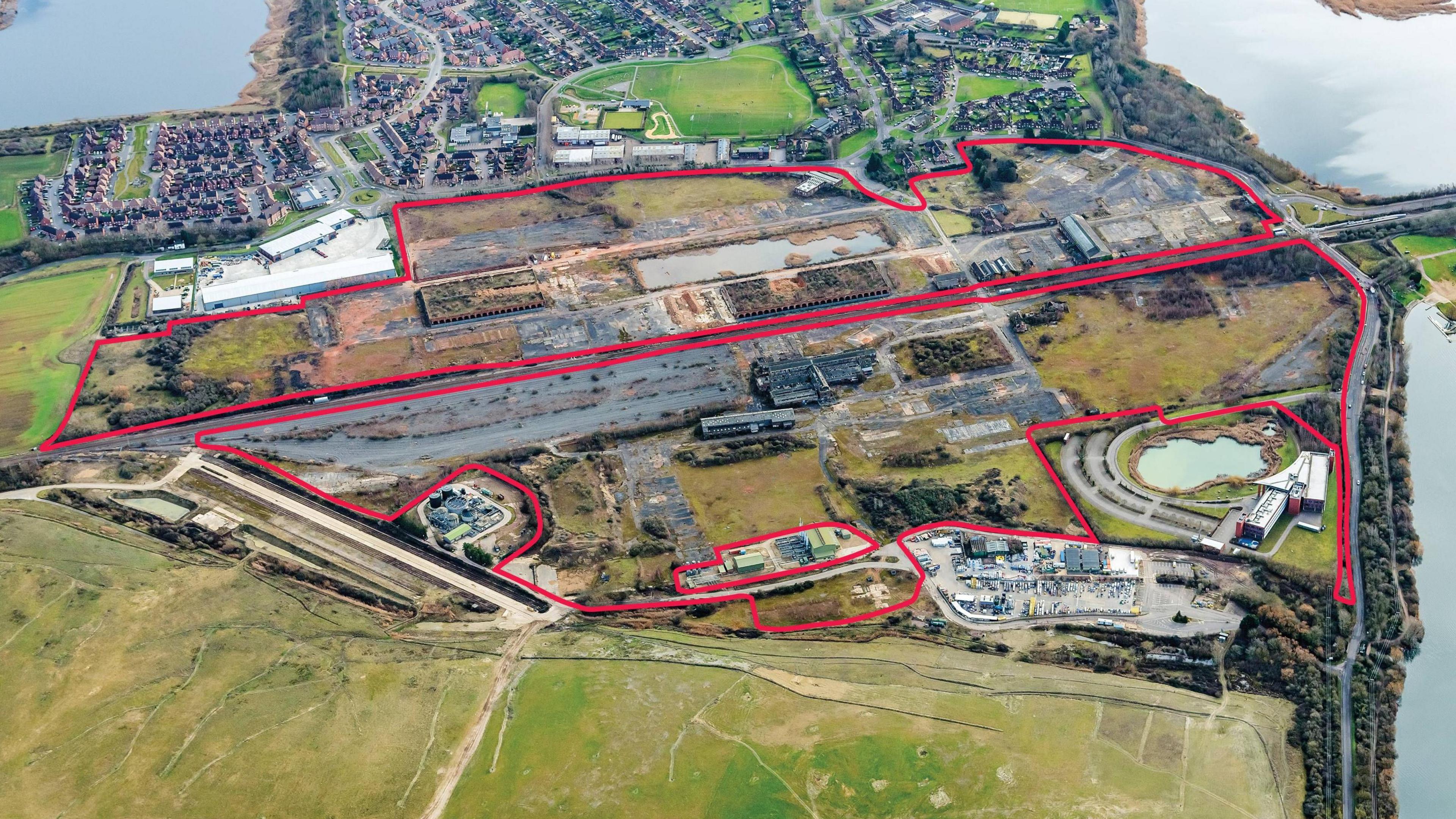 An aerial map view of the Stewartby site. The development area is marked with a red outline