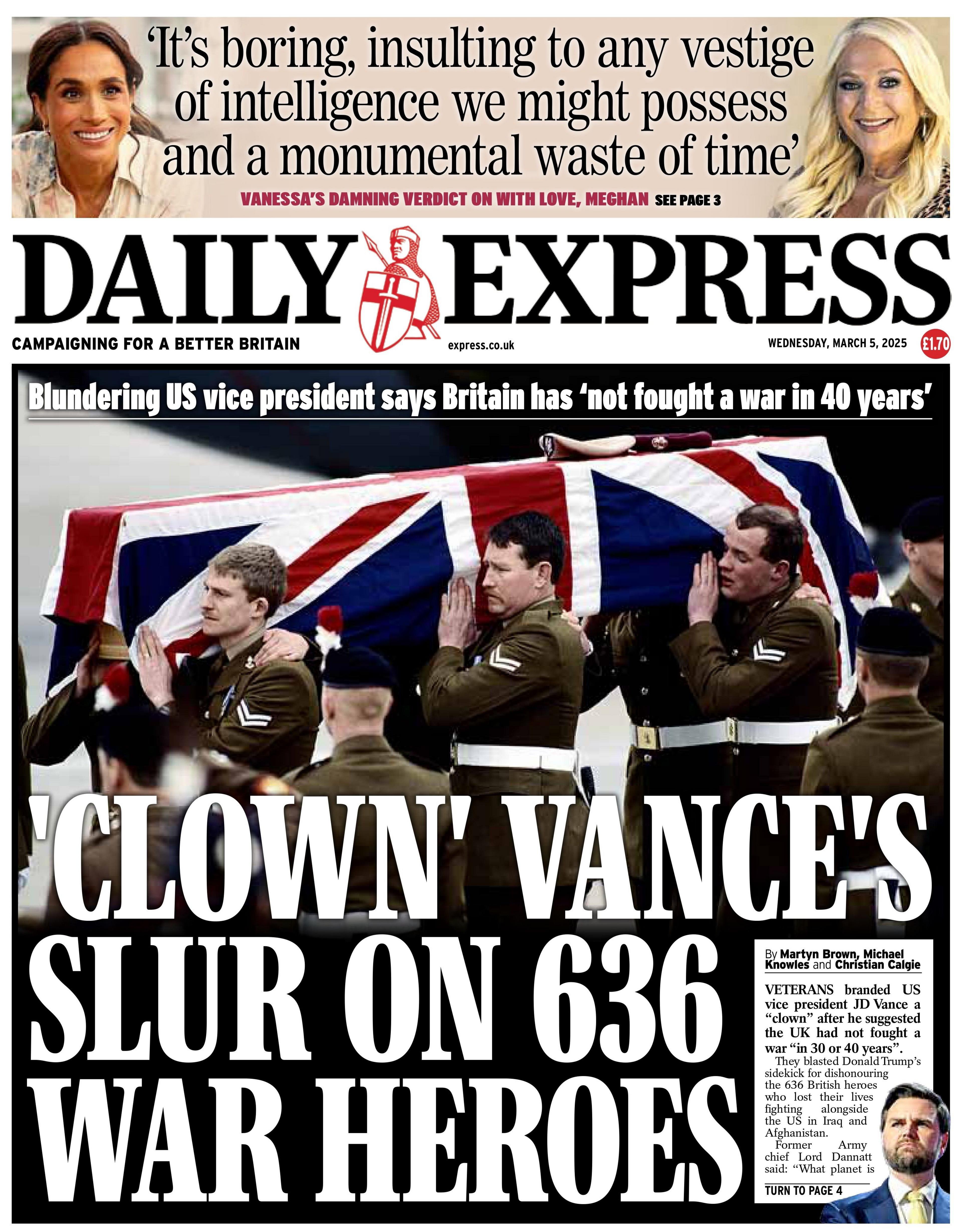 The headline on the front page of the Daily Express reads: "'Clown' Vance's slur on 636 war heroes."