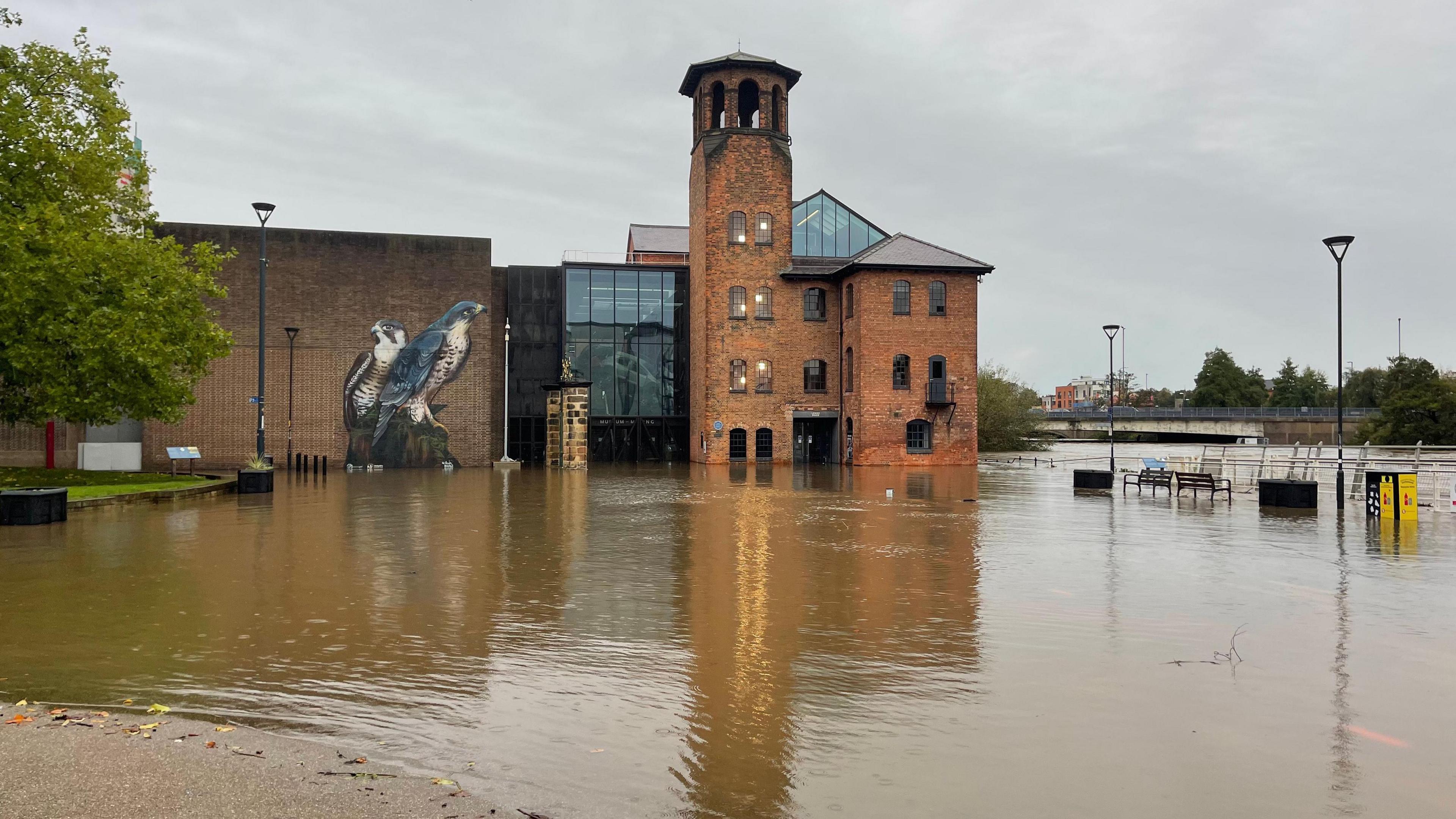 An image of the museum of making in Derby surrounded by water that flooded the building