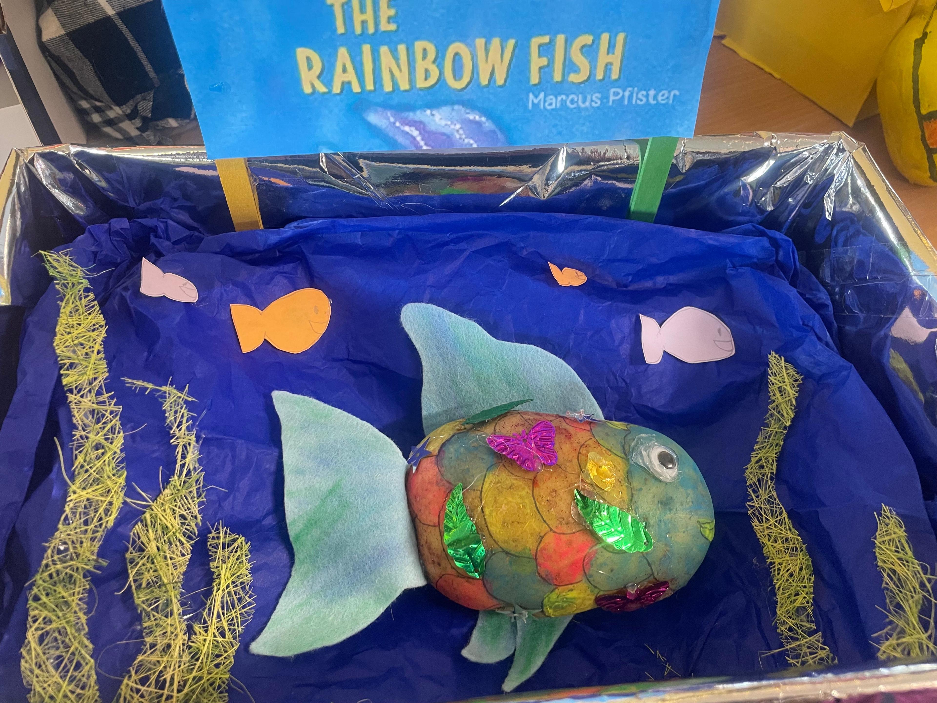 a potato decorated as the rainbow fish with sparkly scales