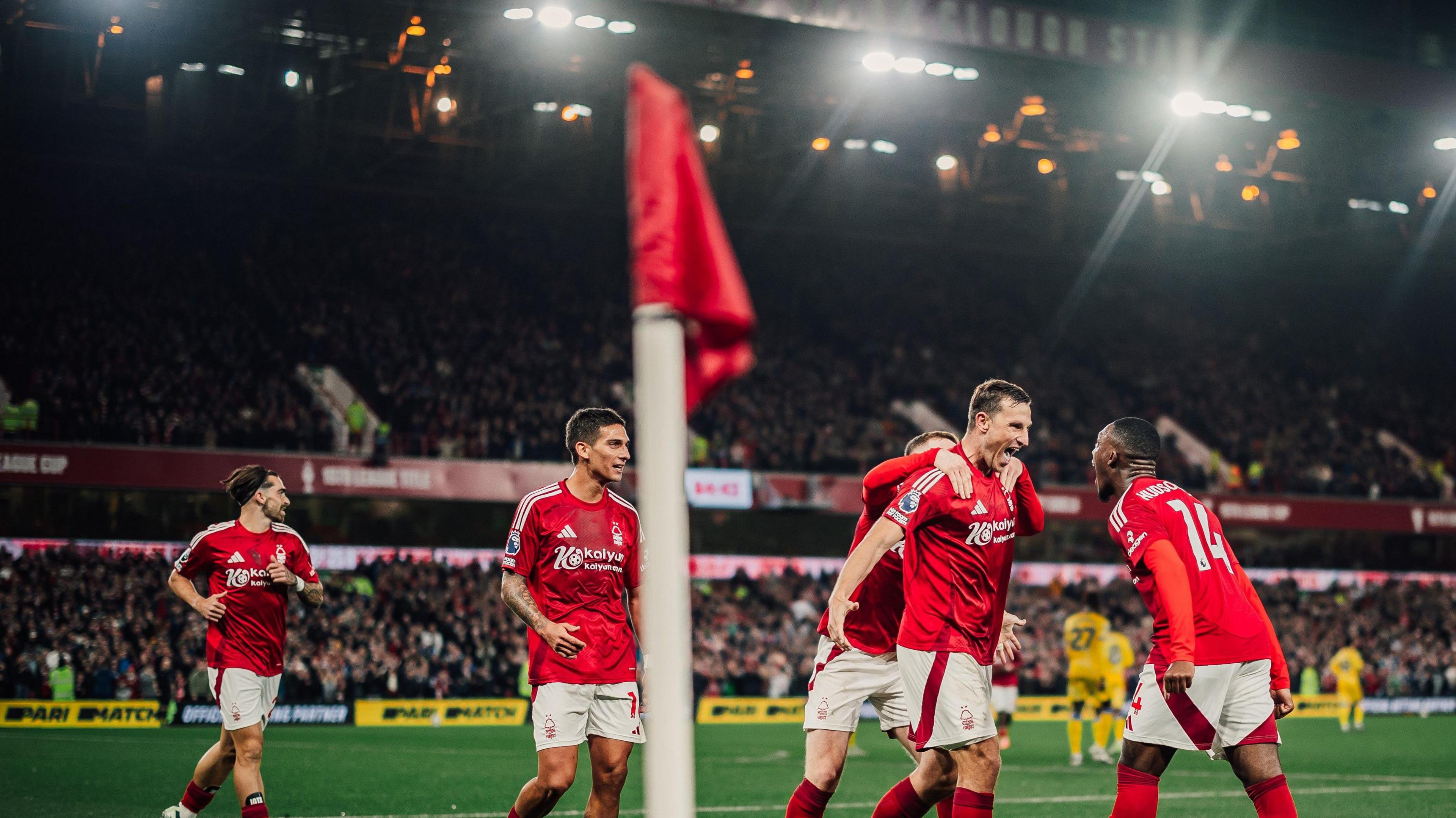 Nottingham Forest players, including Chris Wood and Callum Hudson-Odoi, celebrate their winner over Crystal Palace