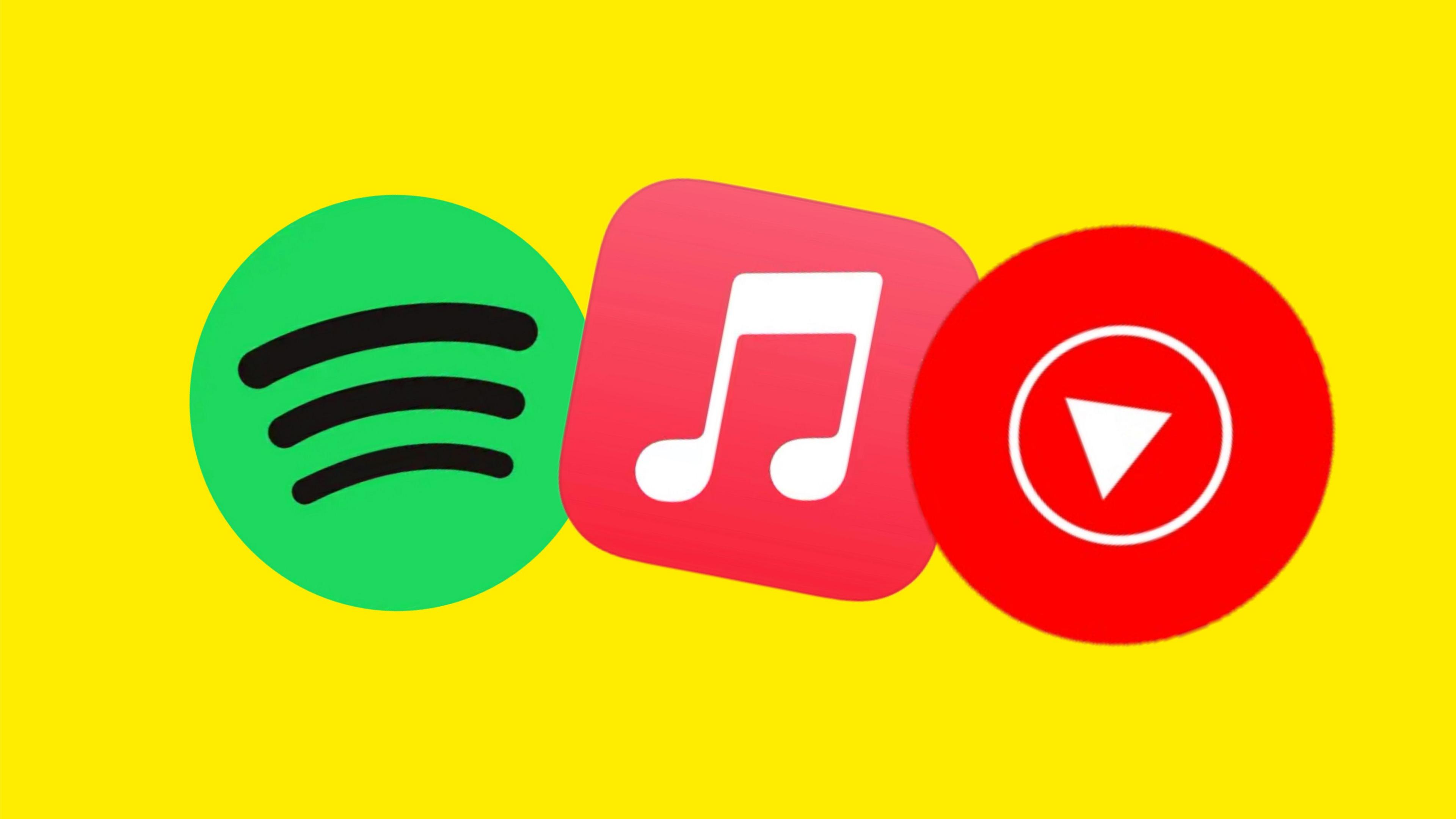 Spotify, apple music, youtube music logos. 