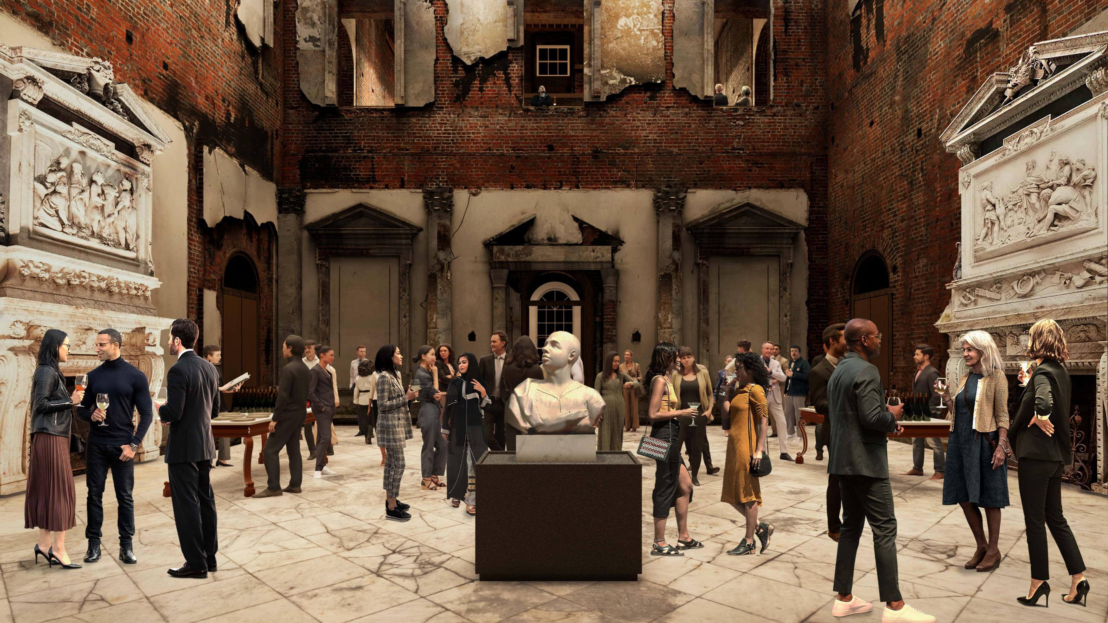 CGI image of a social function in the planned renovated Great Hall at Clandon Park 