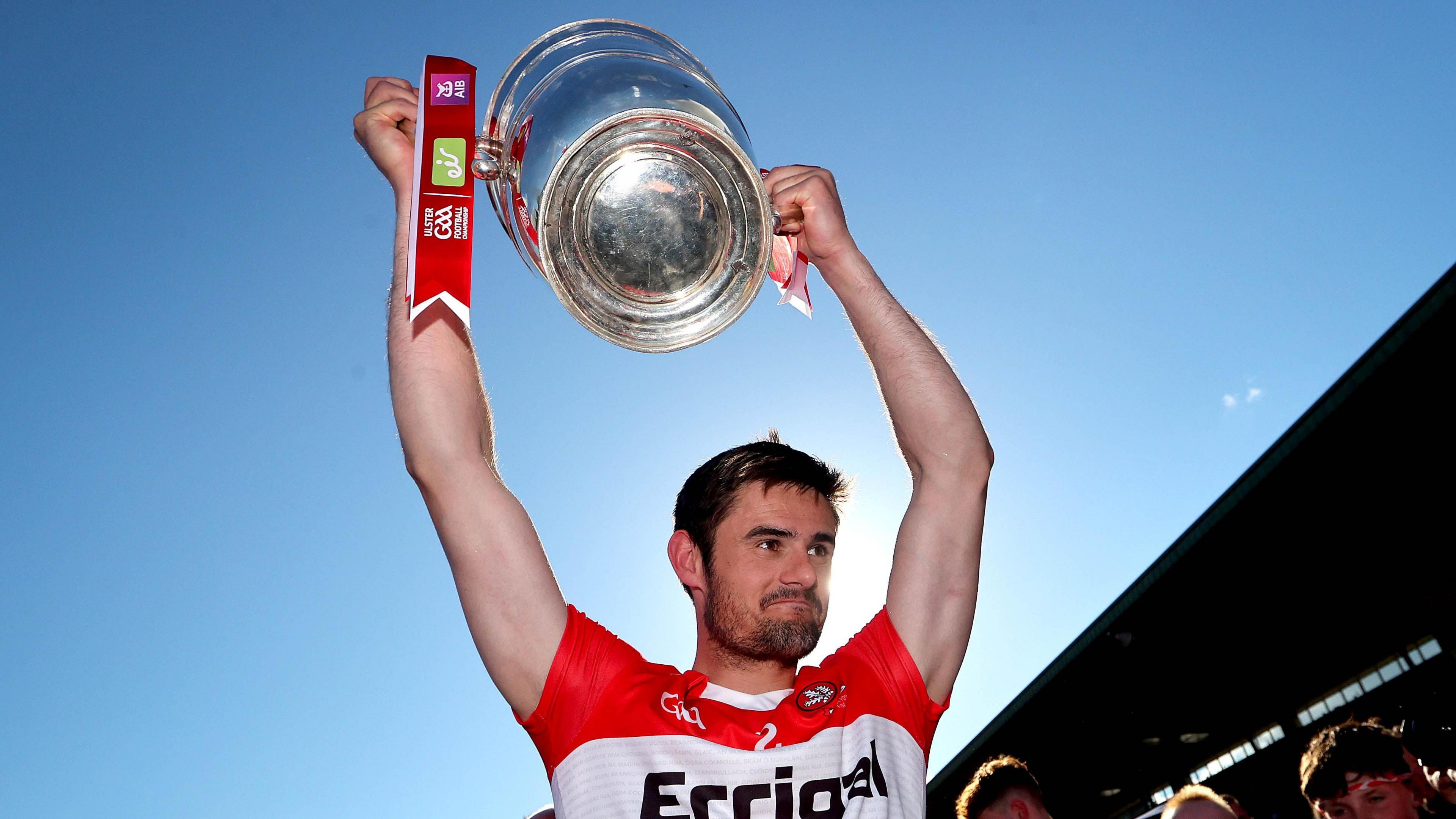 Chrissy McKaigue holds aloft the Anglo-Celt Cup after Derry beat Donegal in the 2022 Ulster Final at Clones
