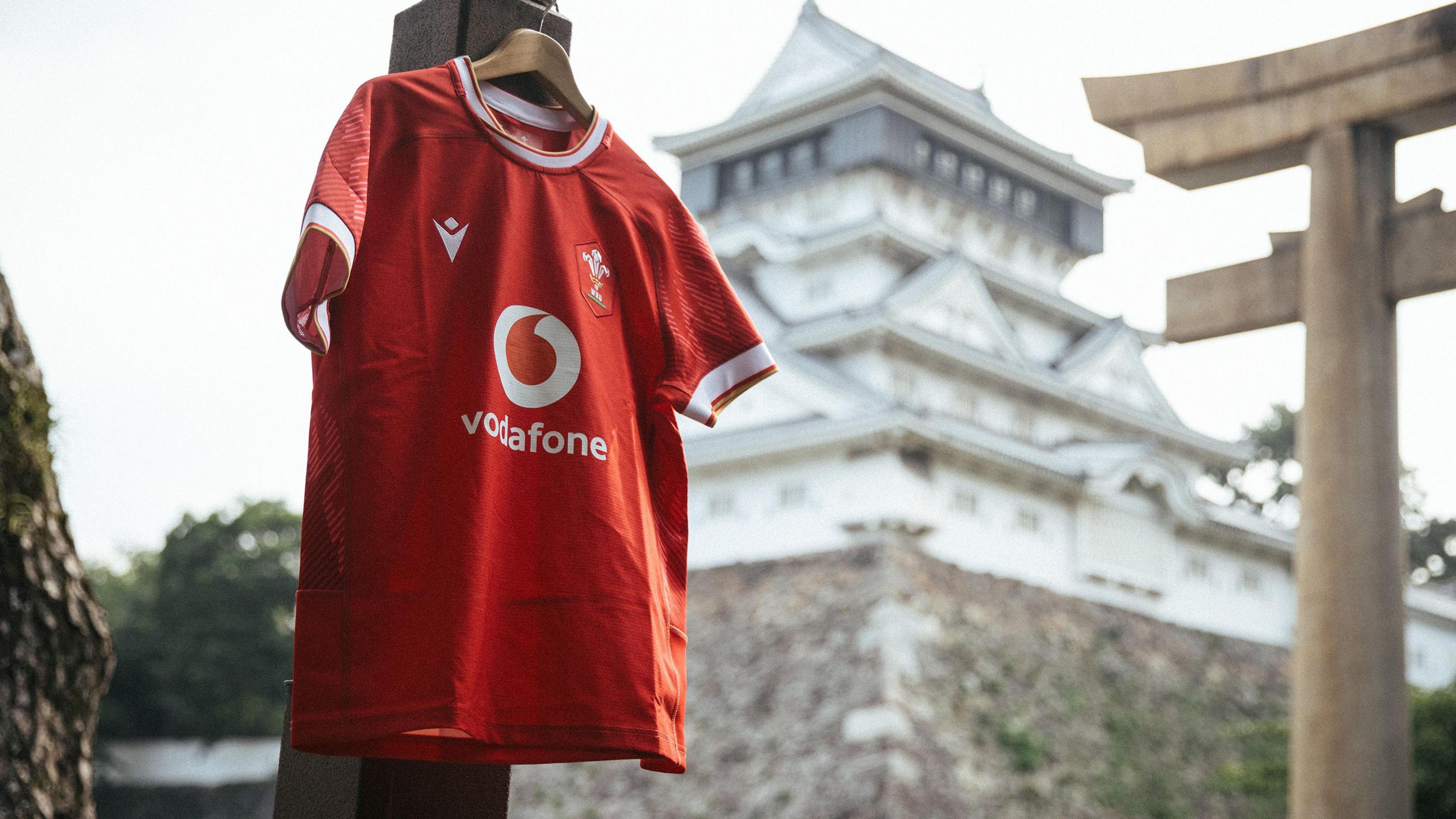The Welsh rugby jersey hangs from a building in Kitakyushu 
