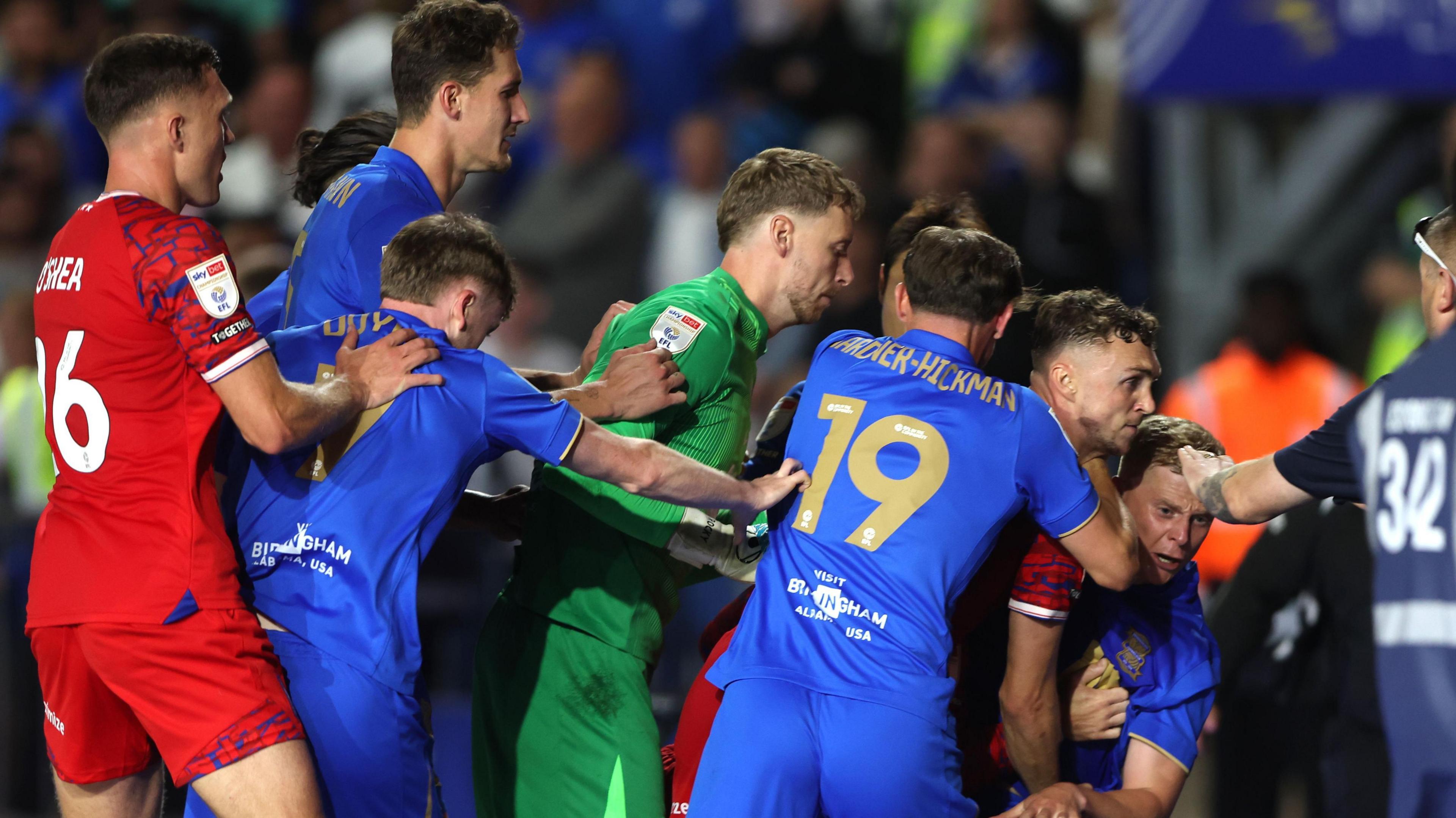 Birmingham City and Ipswich Town players push and shove each other in the latter stages of their Championship match in August