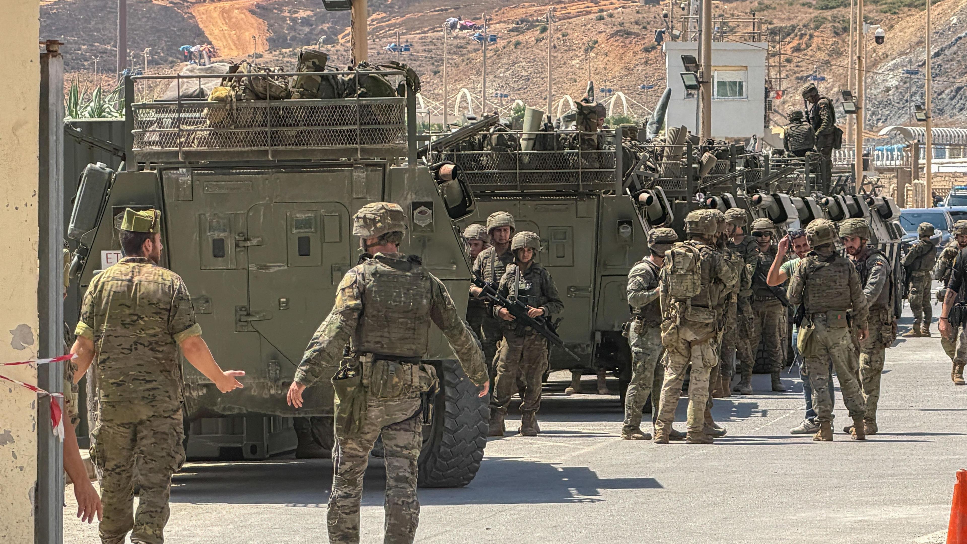 Spanish military personnel at the Tarajal border in Ceuta, Spain