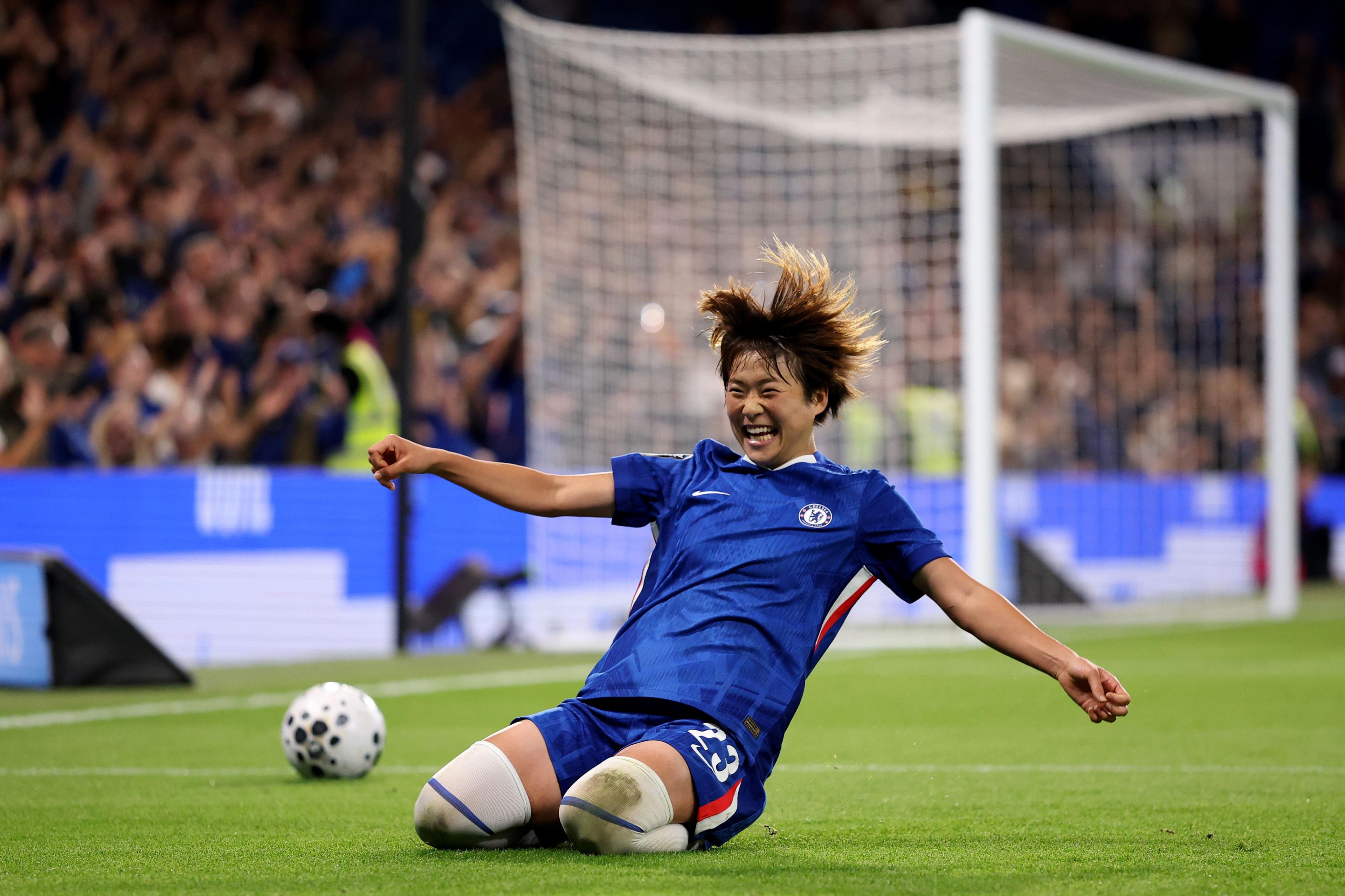 Chelsea's Maika Hamano ocelebrates scoring her team's second goal during the Barclays Women's Super League match between Chelsea and Manchester City at Stamford Bridge. Photo by Justin Setterfield