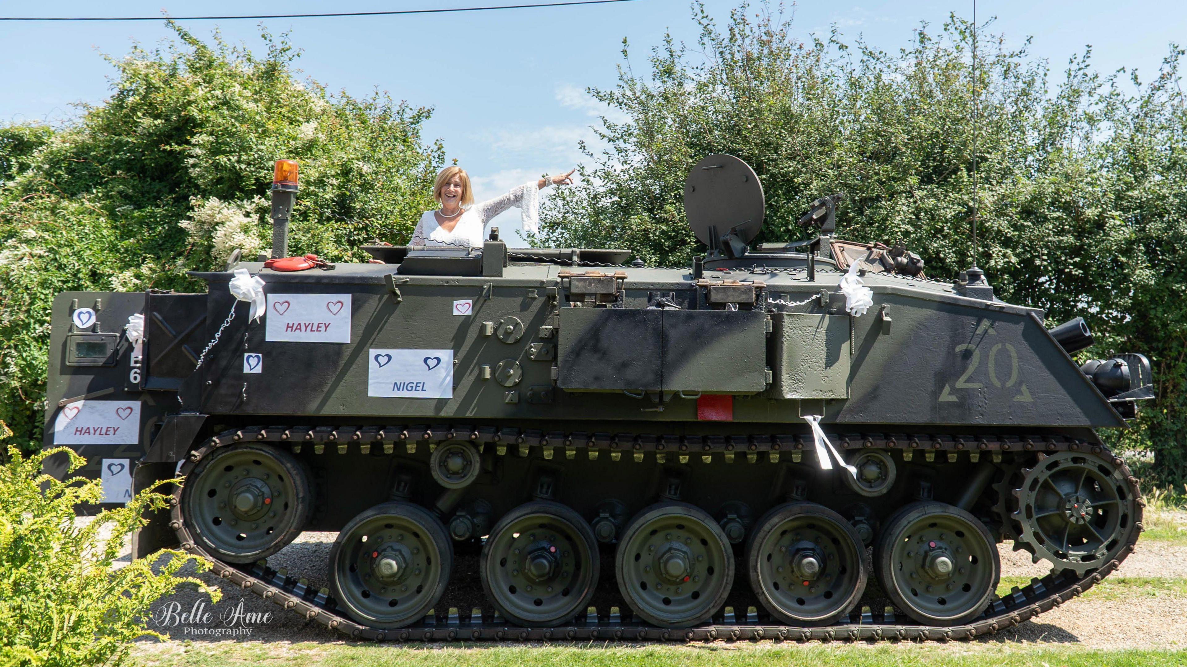 Hayley Adcock pictured in her wedding tank