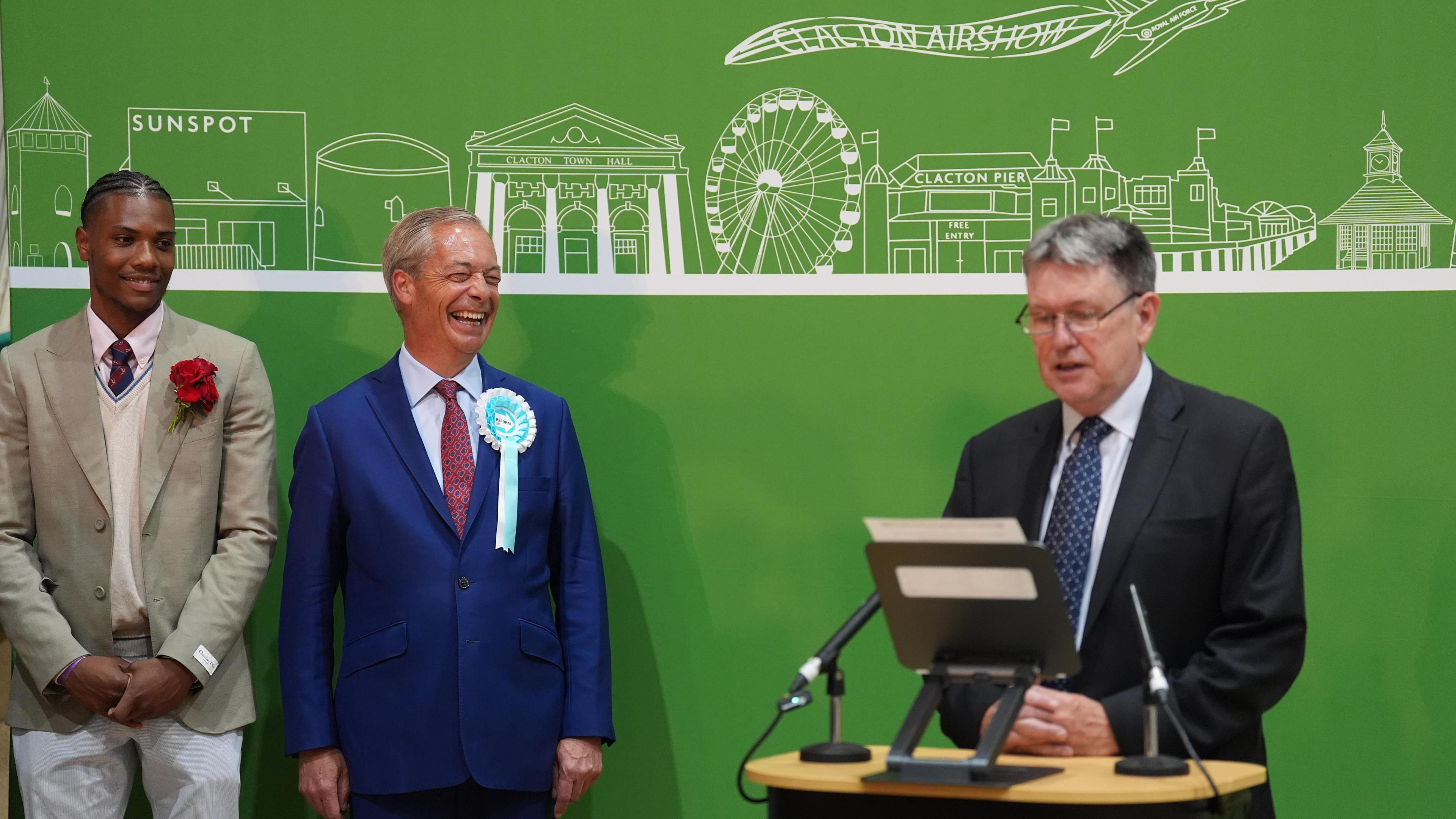 Reform UK leader Nigel Farage at Clacton Leisure Centre in Clacton, Essex, after he was declared the winner of the Clacton constituency in the 2024 General Election.