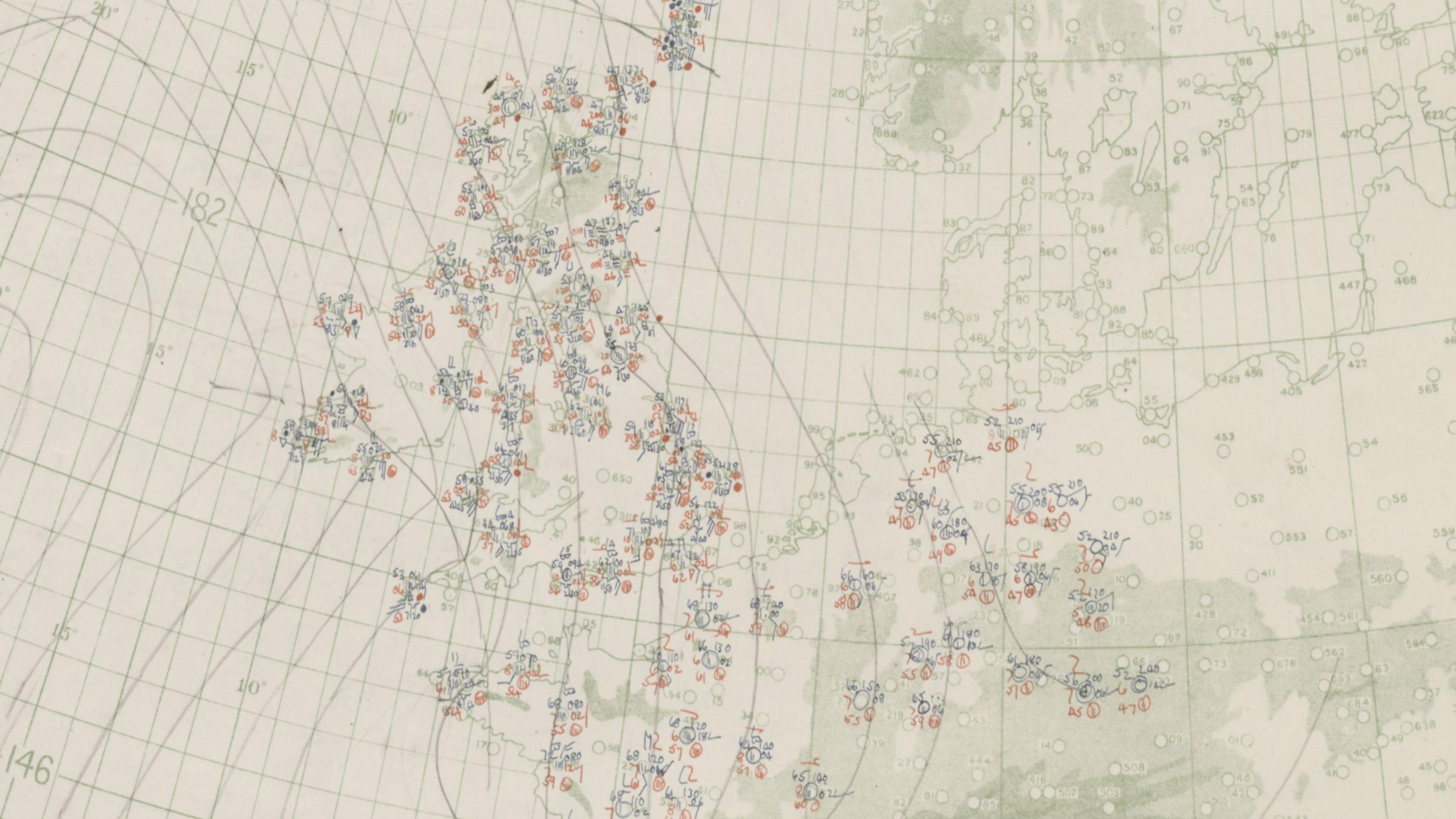 The hand-drawn weather chart shows the United Kingdom and parts of Western Europe with lines indicating isobars and small blue and red figure and symbols showing weather observations