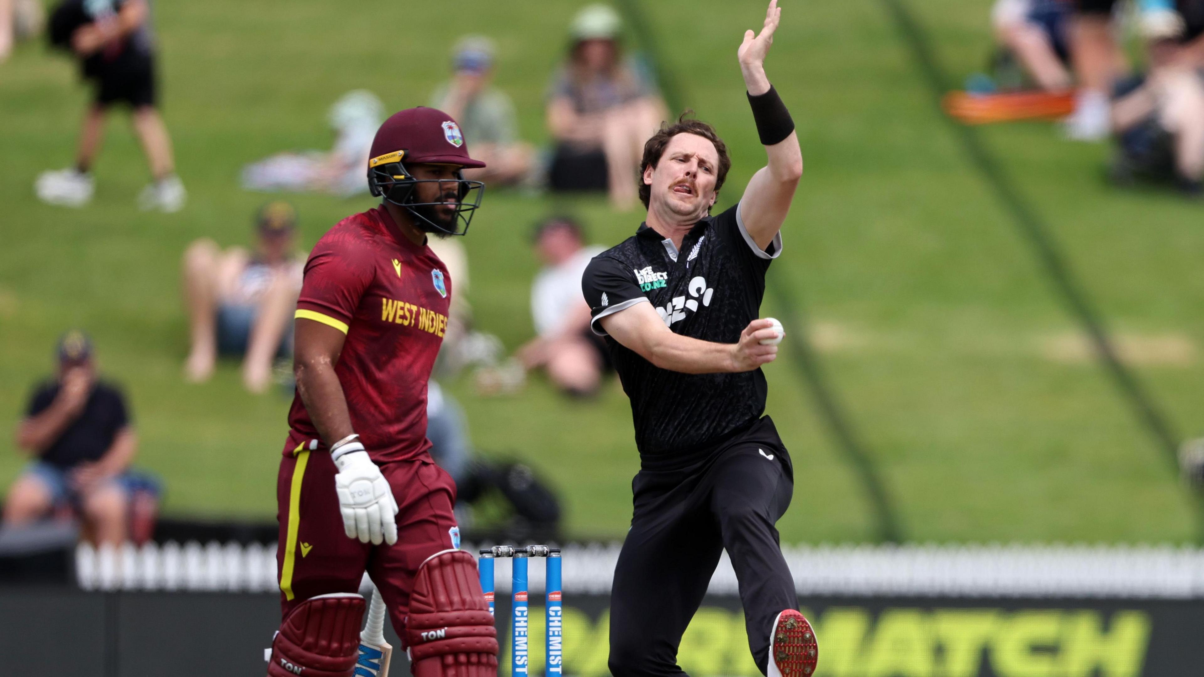 New Zealand's Matt Henry bowls in an ODI against West Indies in 2025
