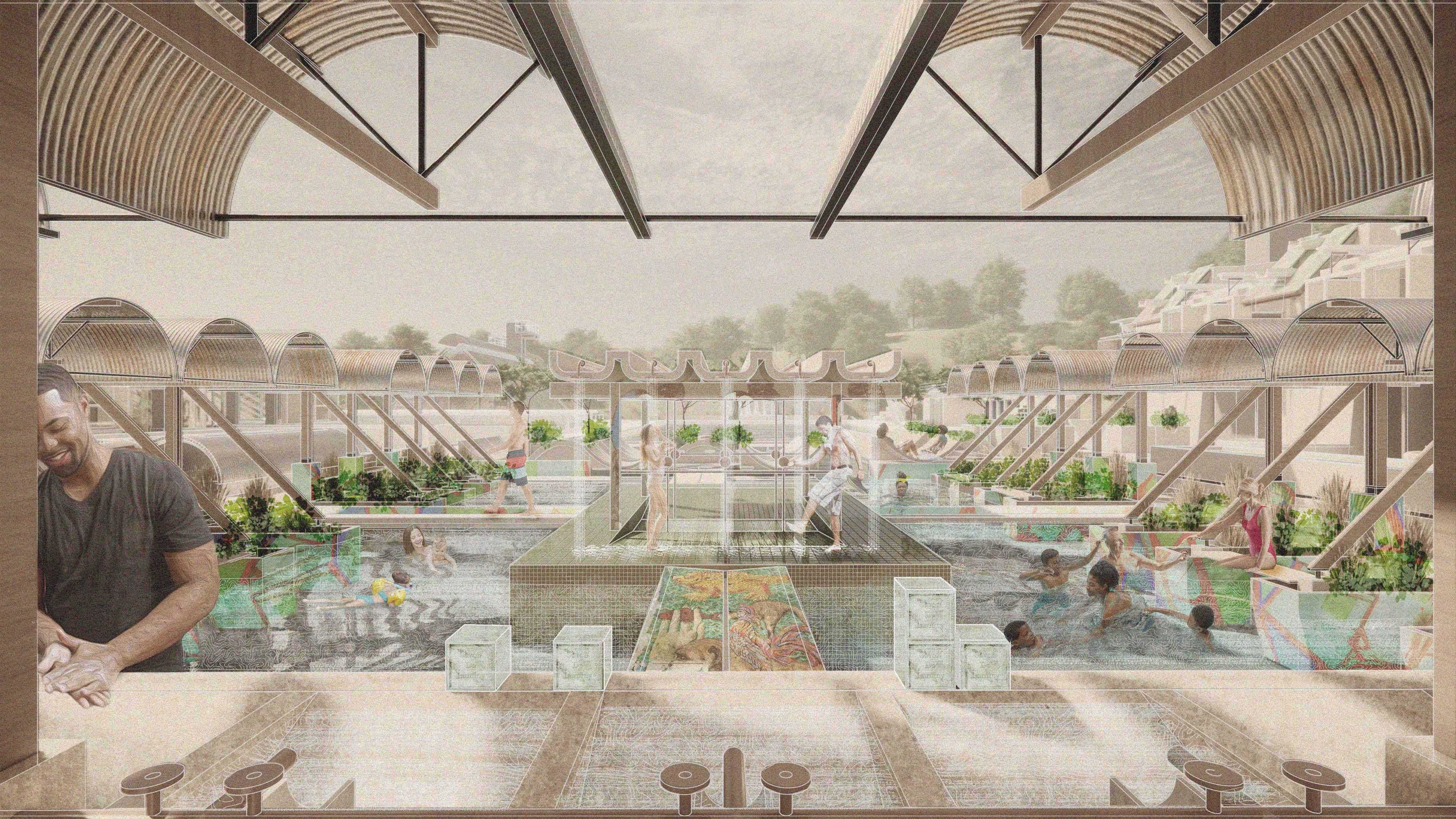 An artist's impression showing planting areas around a pool with some people also enjoying bathing in the pool and a man washing his hands