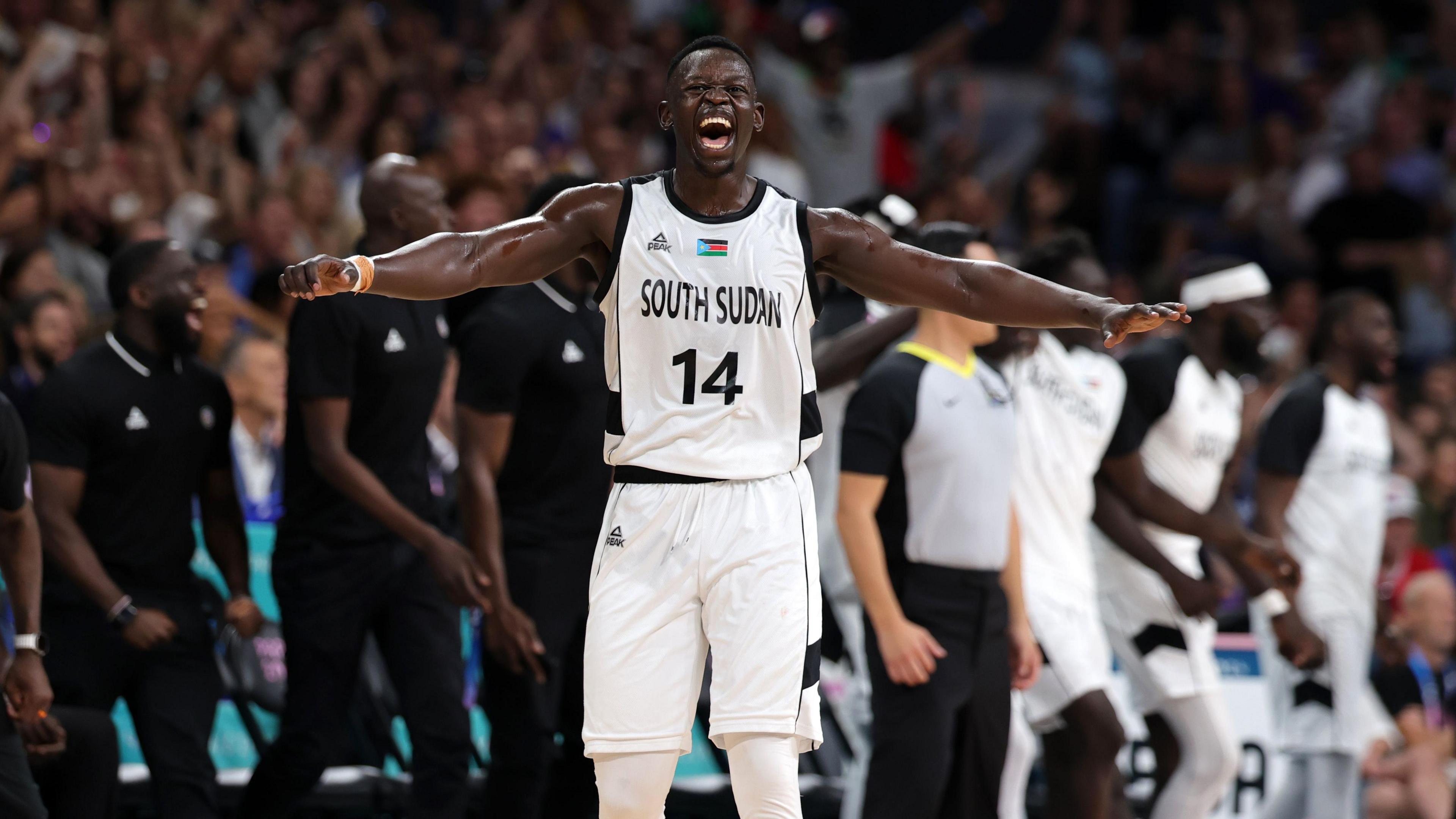 Peter Jok celebrates as South Sudan defeat Puerto Rico. 