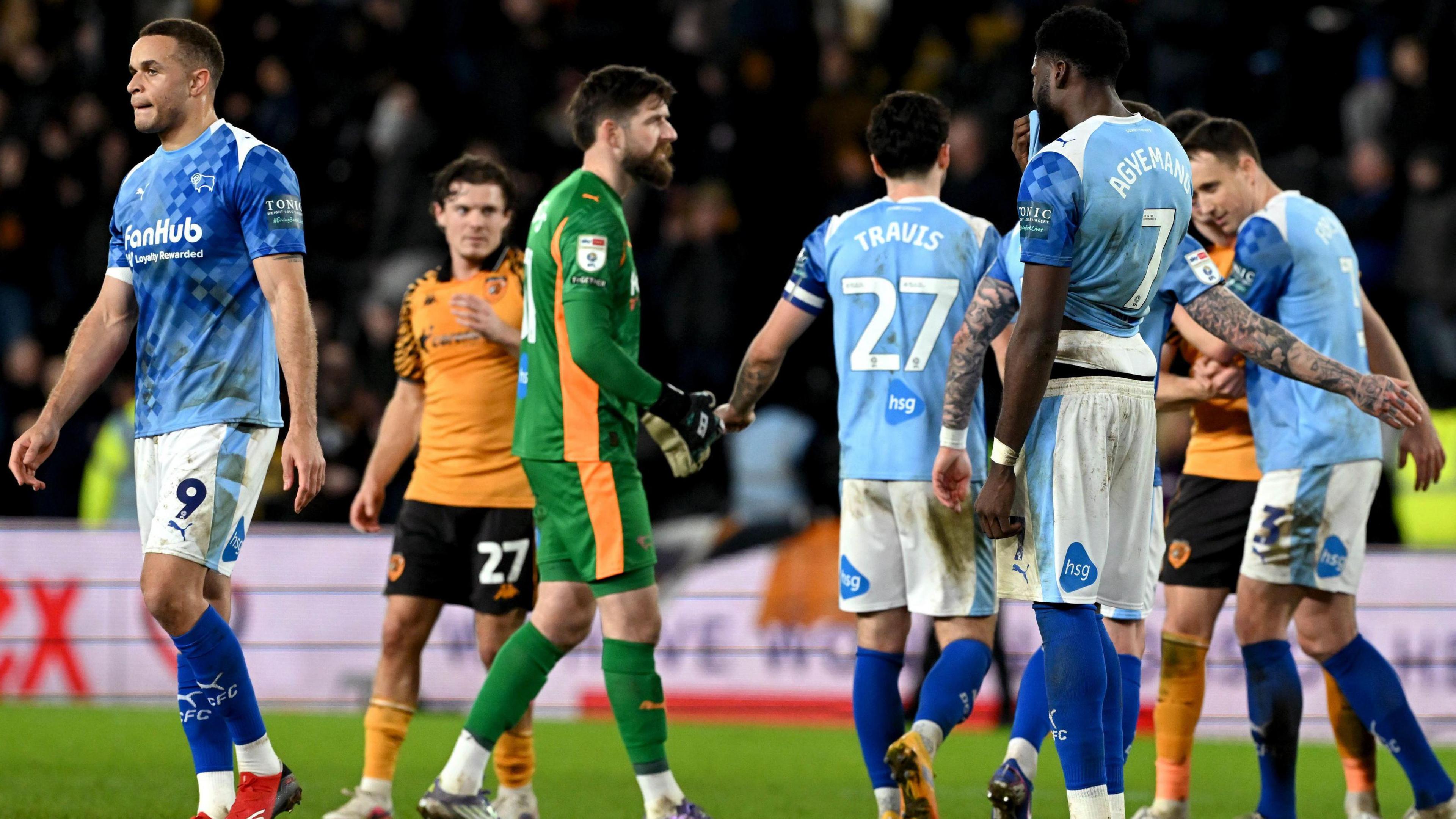 Derby County players at full-time having been beaten 4-2 by Hull