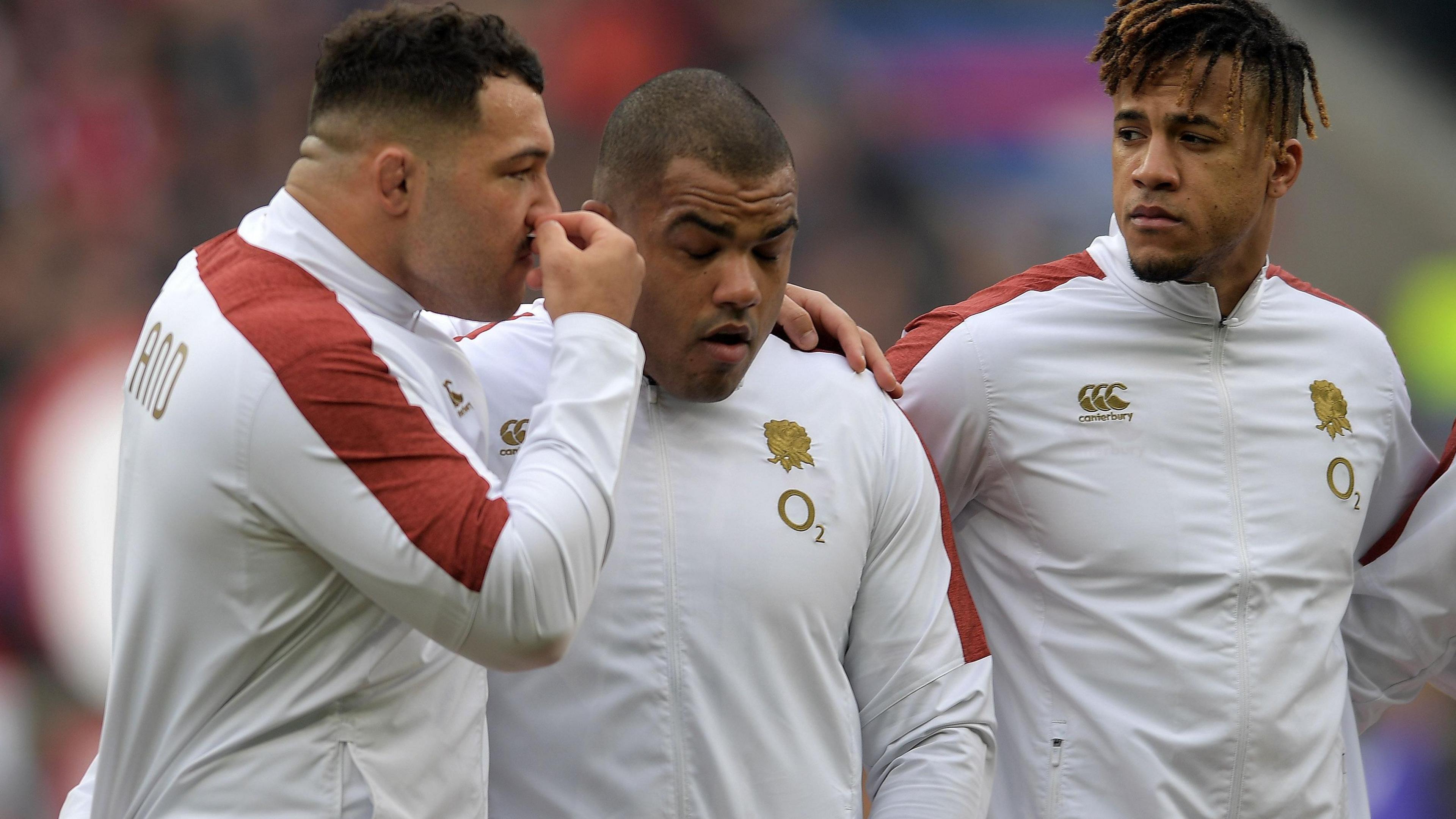 Ellis Genge with England team-mates Kyle Sinckler and Anthony Watson