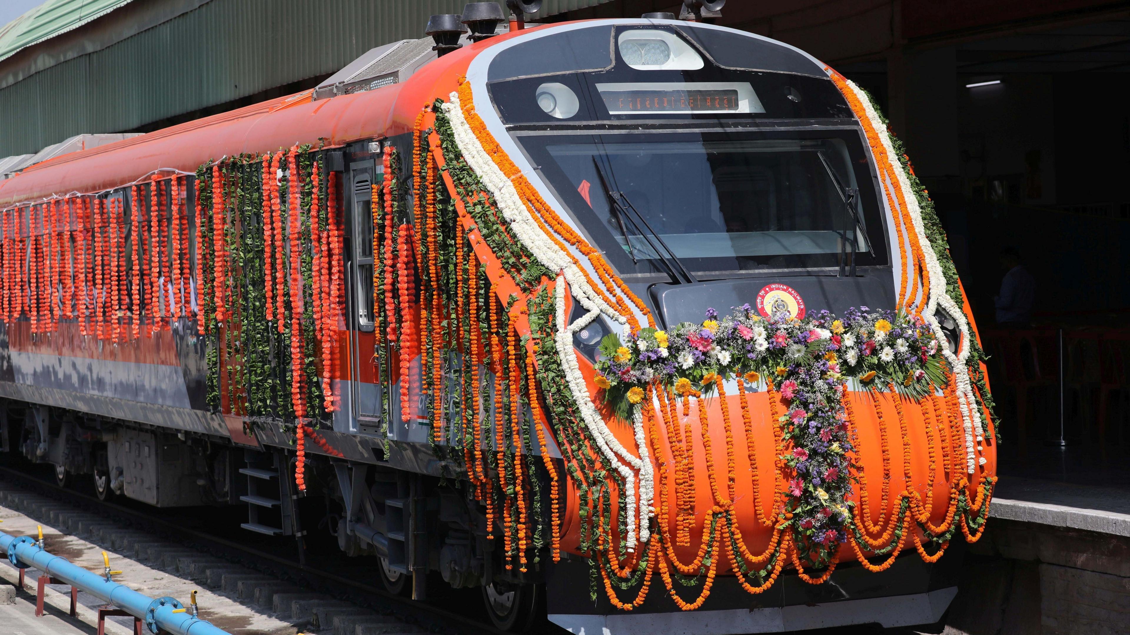 A Vande Bharat train is stationed at Nowgam Railway Station in Srinagar, the summer capital of Indian-administered Kashmir, 06 June 2025.