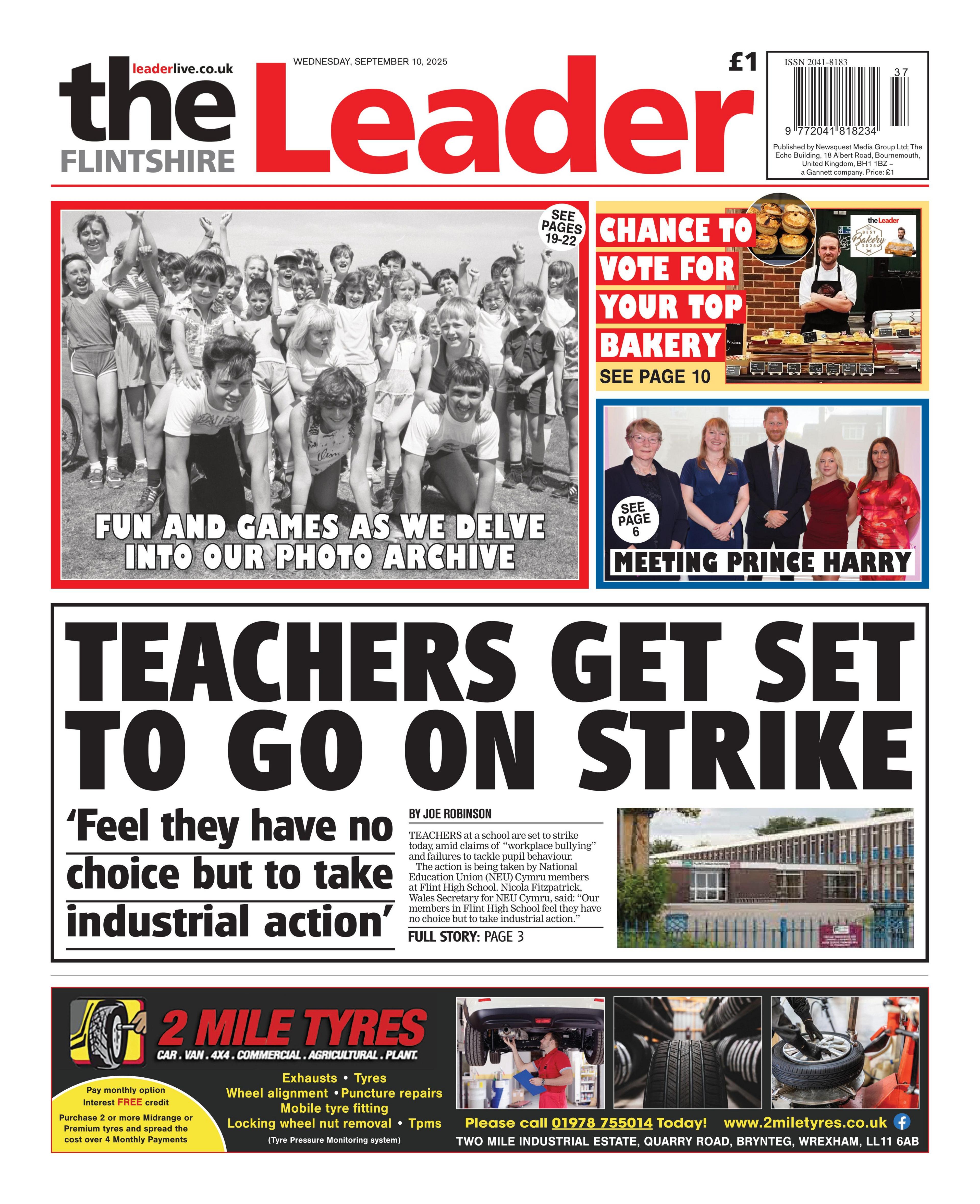 Main headline: Teachers get set to go on strike; 'Feel they have no choice but to take industrial action'. Next to photo of Flint High School in Flintshire.