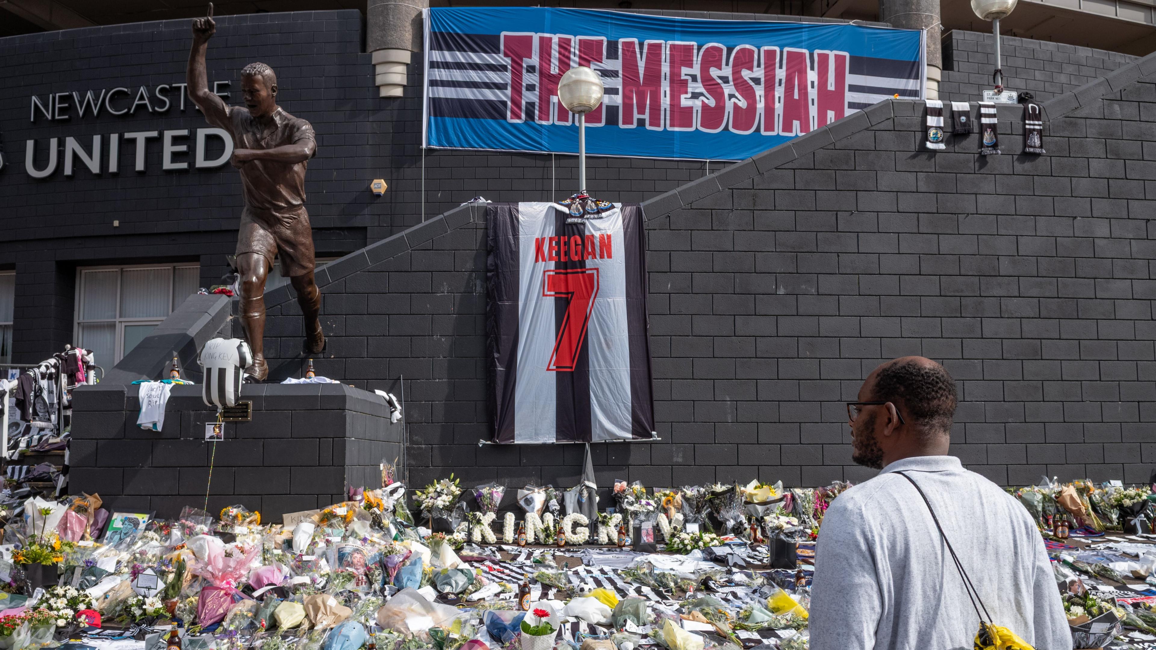 Tributes are laid outside St James Park, home of Newcastle United, for former England captain and manager Kevin Keegan, following his death at the age of 75, seven weeks after he revealed he had been diagnosed with stage four cancer on July 23, 2026