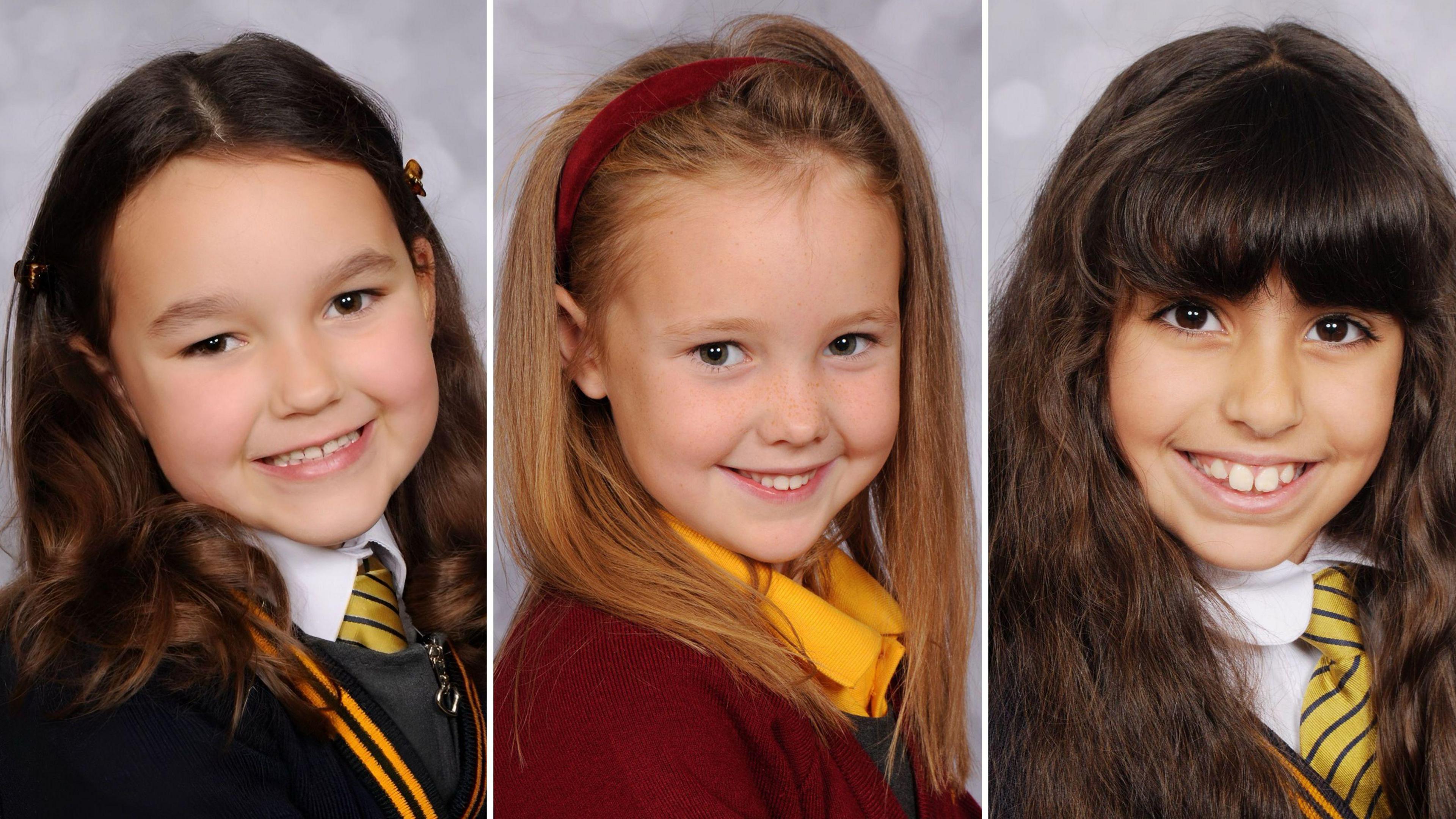 A composite image of Elsie Dot Stancombe, Alice da Silva Aguiar, and Bebe King. The three girls are all smiling as they pose for the camera. Elsie Dot Stancombe is wearing her maroon and yellow school uniform, Alice da Silva Aguiar is wearing a white dress and Bebe King is wearing a charcoal-coloured top.