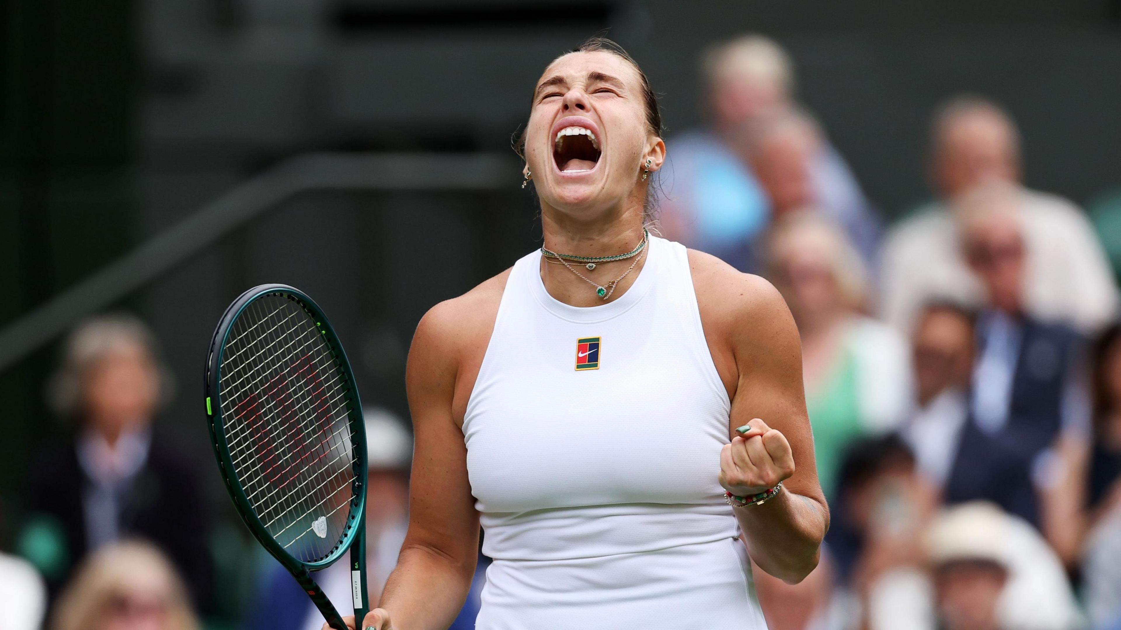 Aryna Sabalenka celebrates during her second-round match at Wimbledon on Centre Court