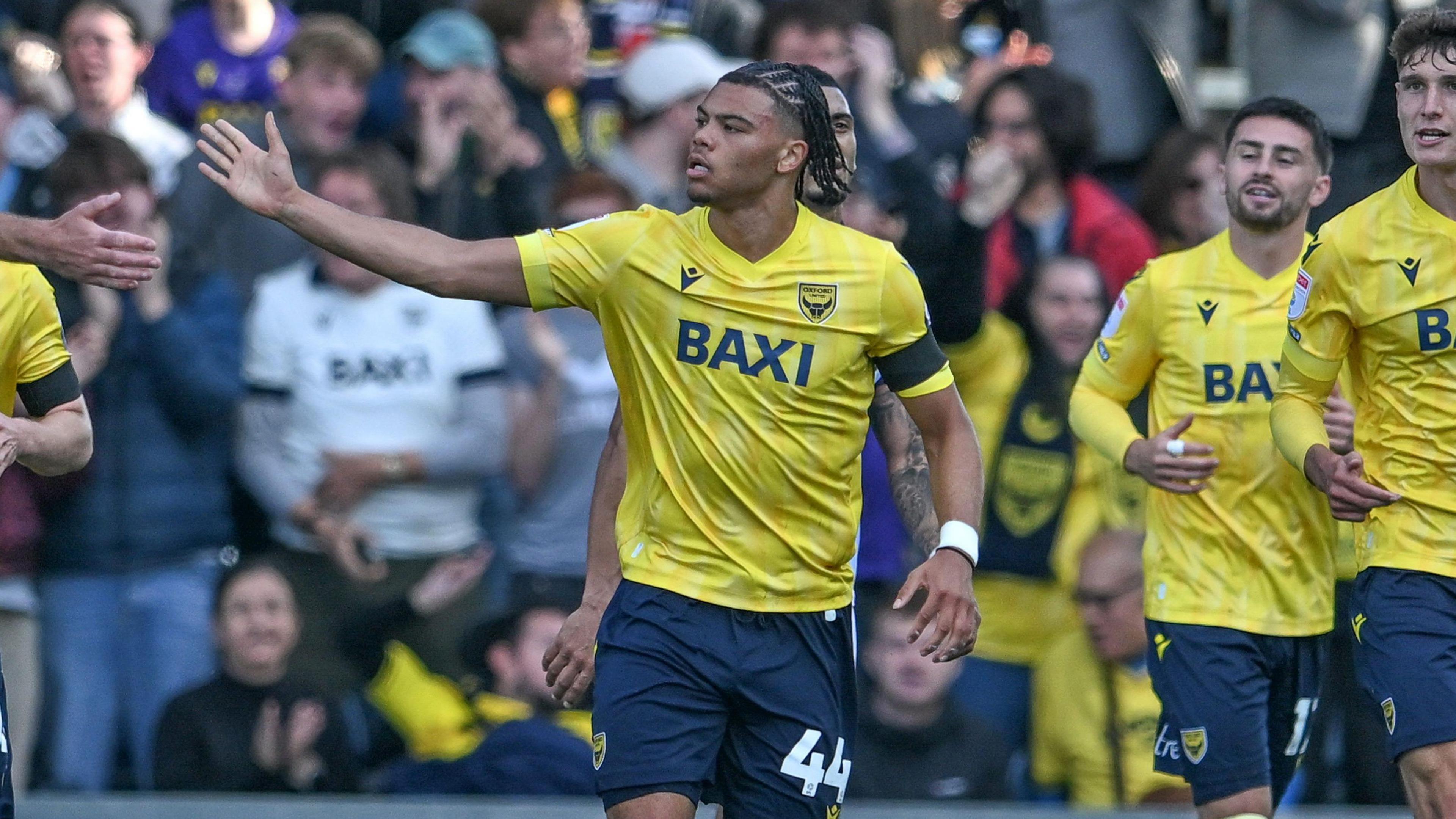 Dane Scarlett celebrates scoring late in injury time to earn Oxford United a point against West Bromwich Albion