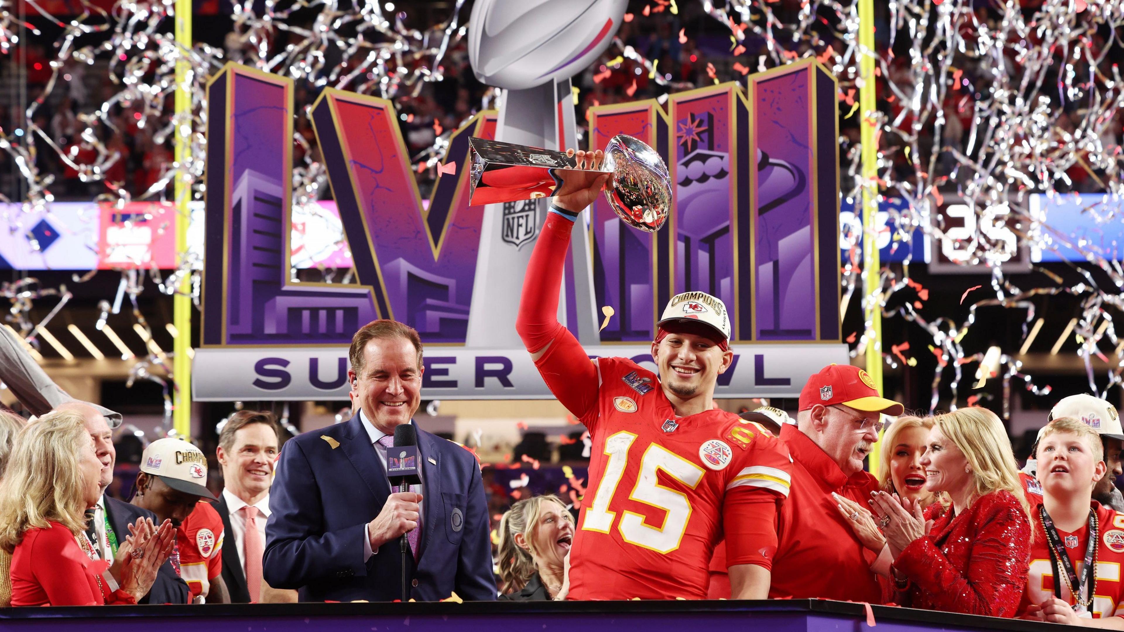 Patrick Mahomes lifts the Lombardi Trophy after winning the Super Bowl