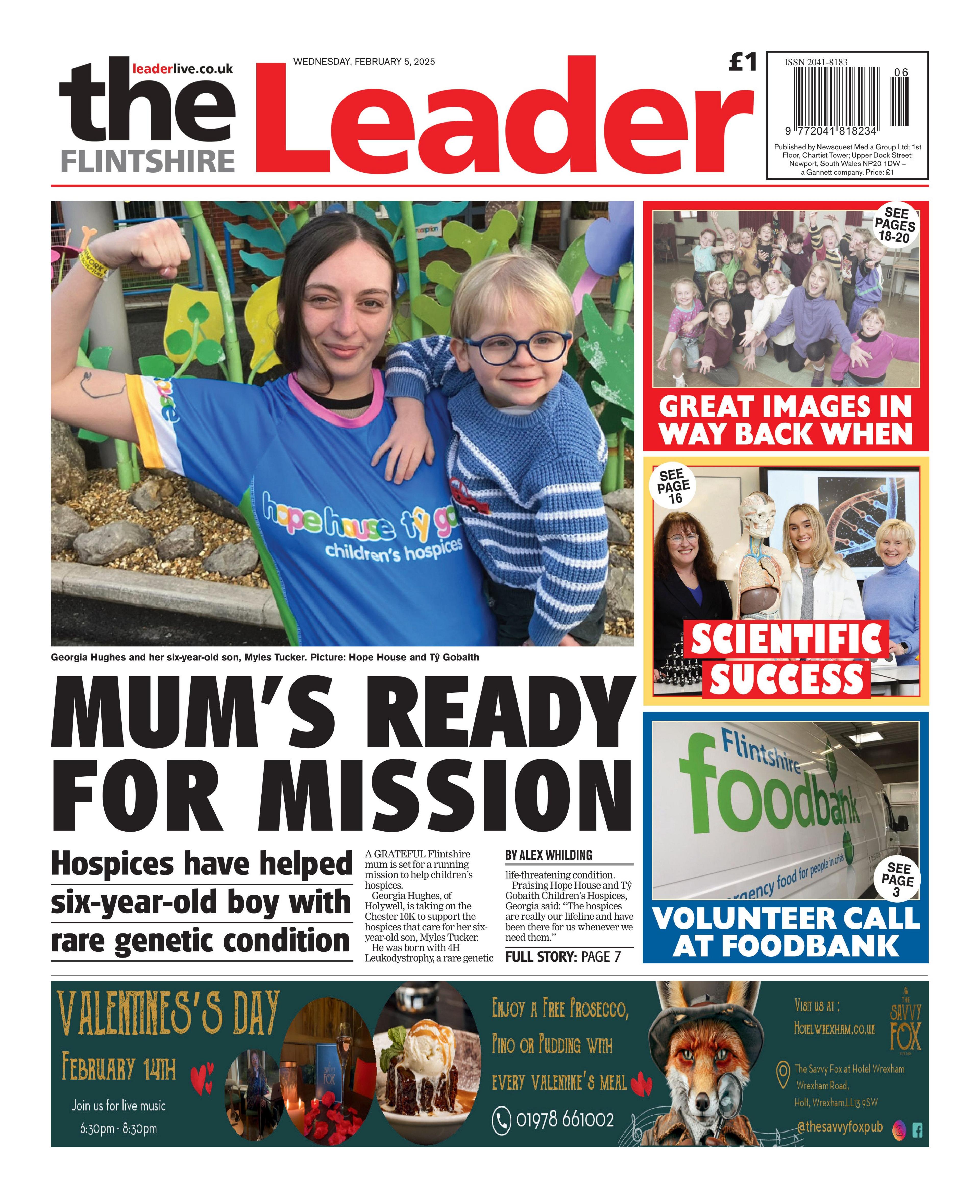 The Flintshire Leader front page: Text Mum's ready for mission. Side column stories: Great images in way back when. Scientific success. Volunteer call at foodbank