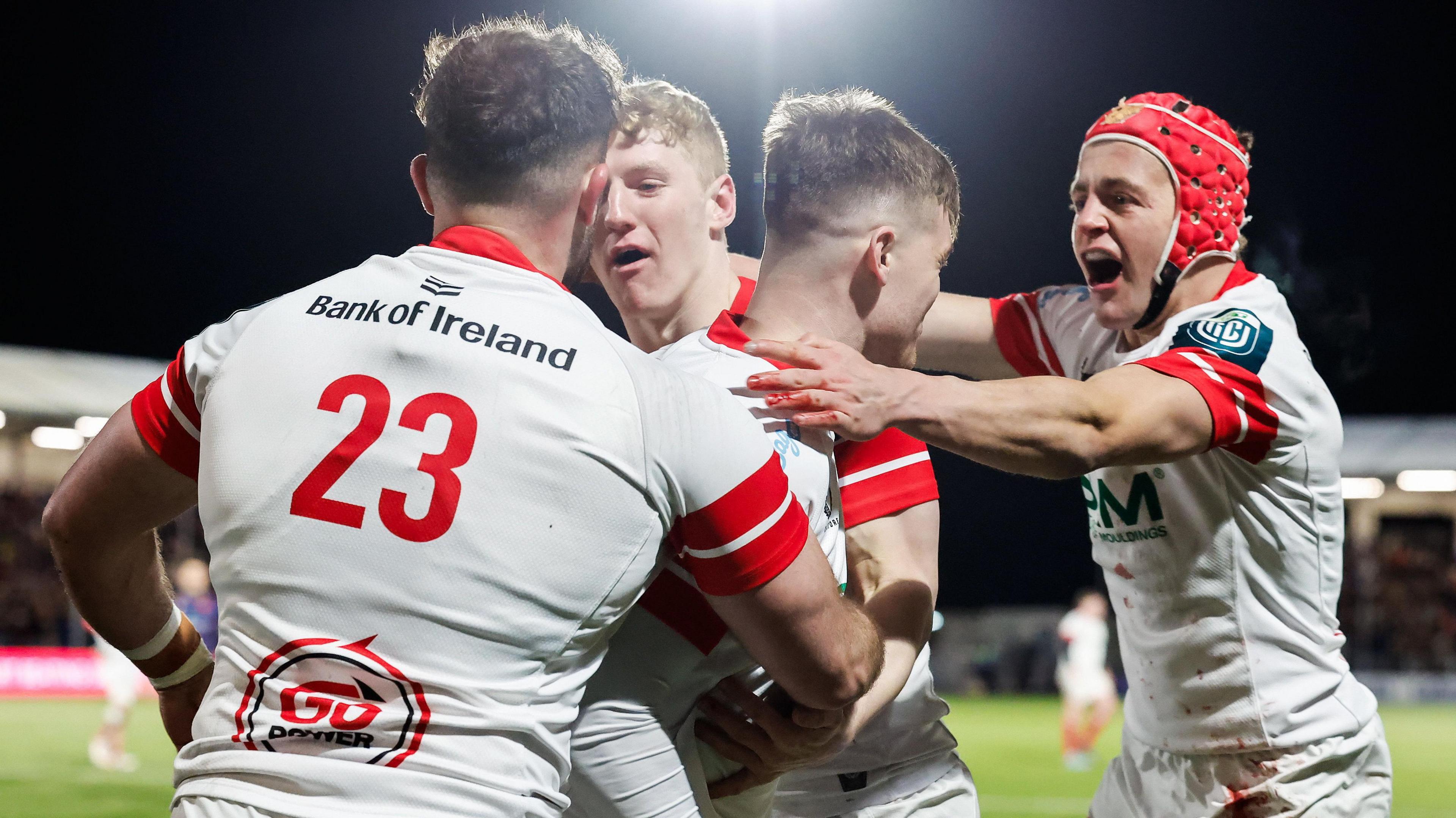 Ulster celebrate Jake Flannery's try