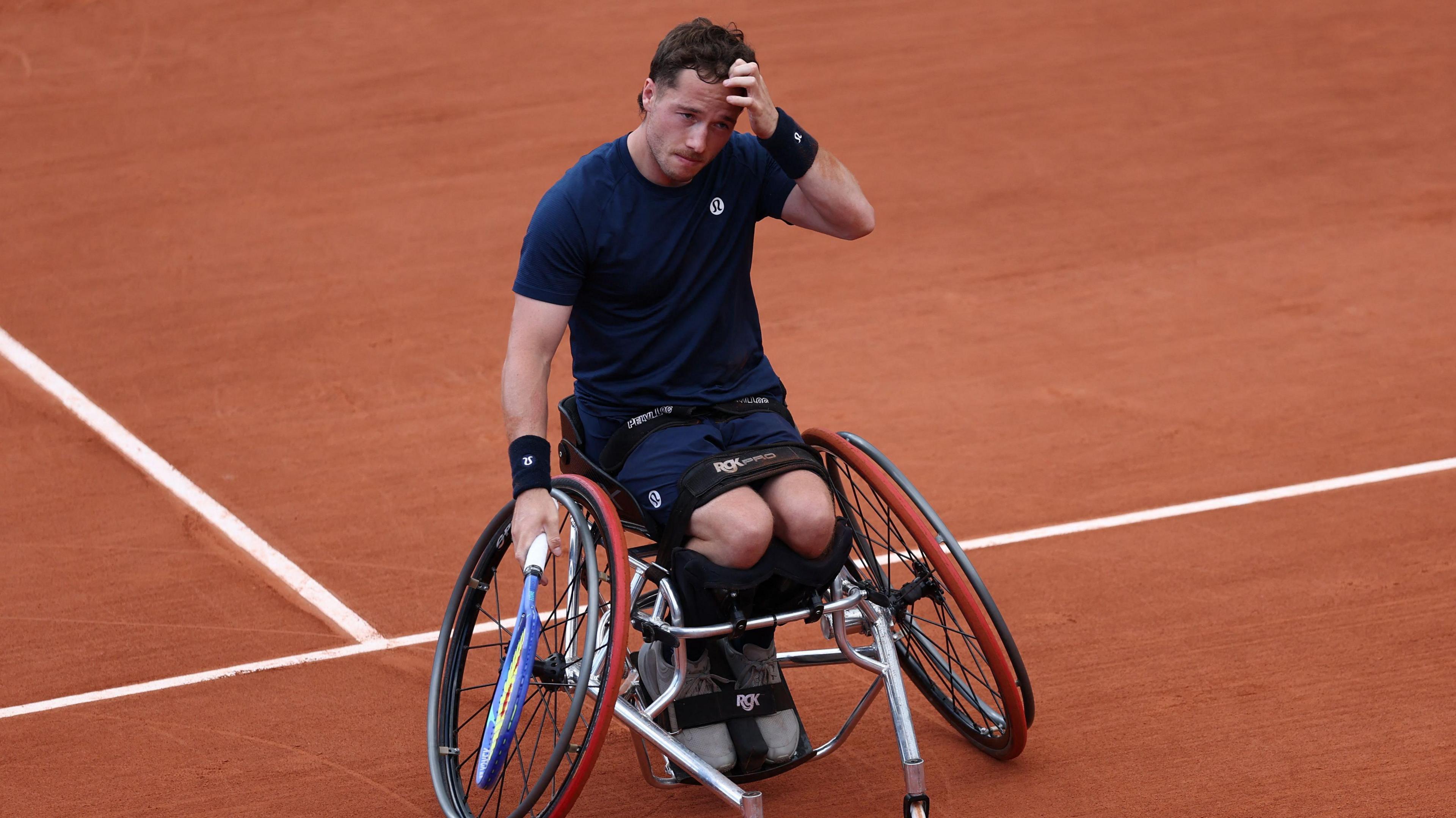 Britain's Alfie Hewett reacts during his men's wheelchair singles final match against Japan's Tokito Oda