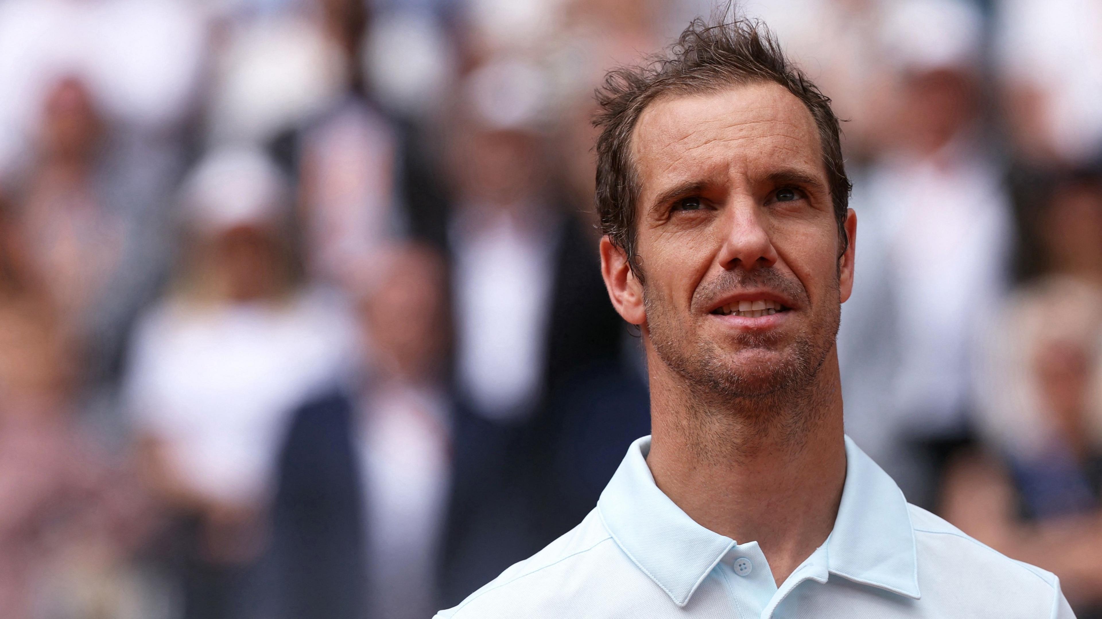Richard Gasquet watches on during a ceremony celebrating his career at the French Open