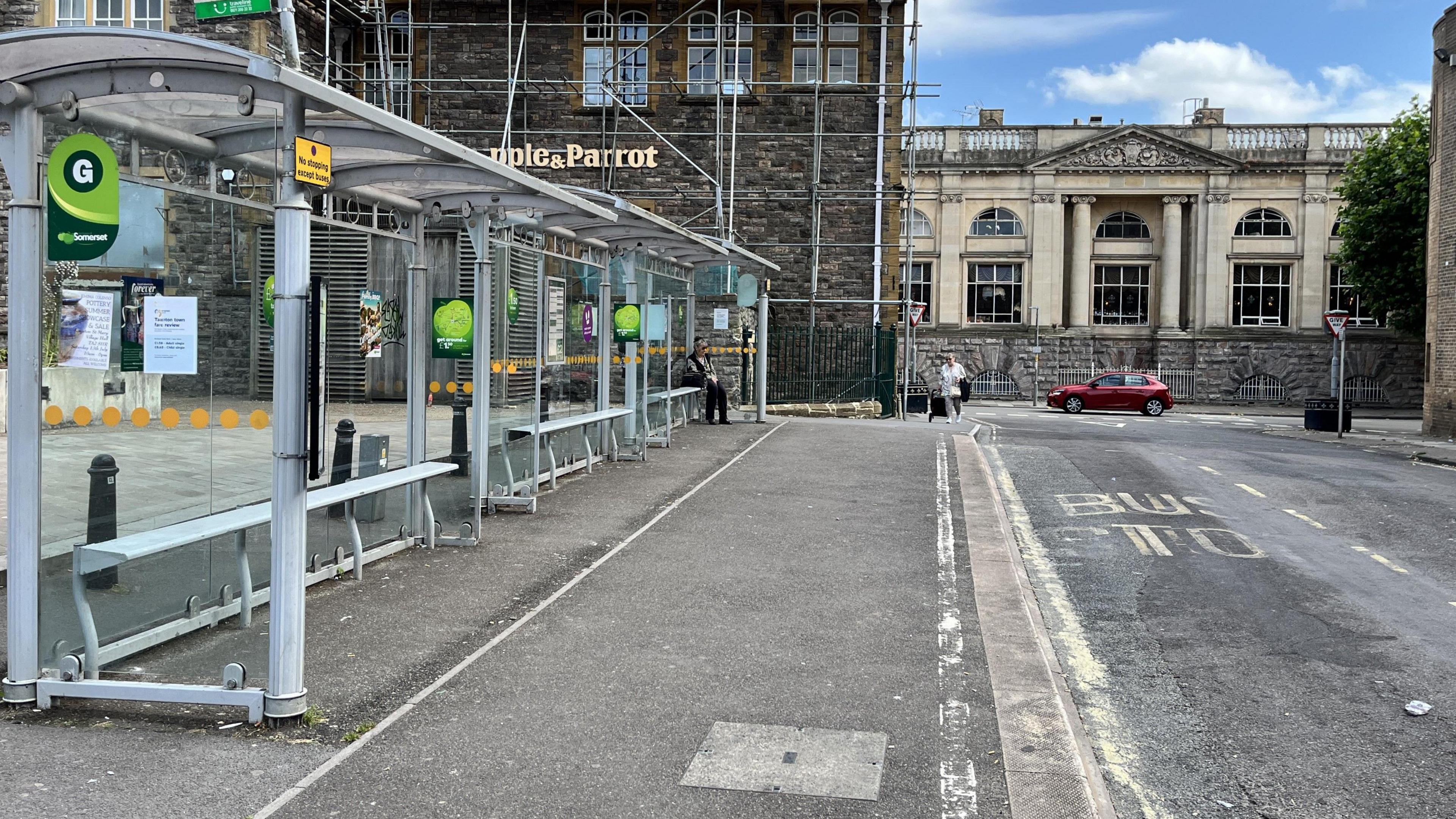 The temporary row of bus stops in Taunton