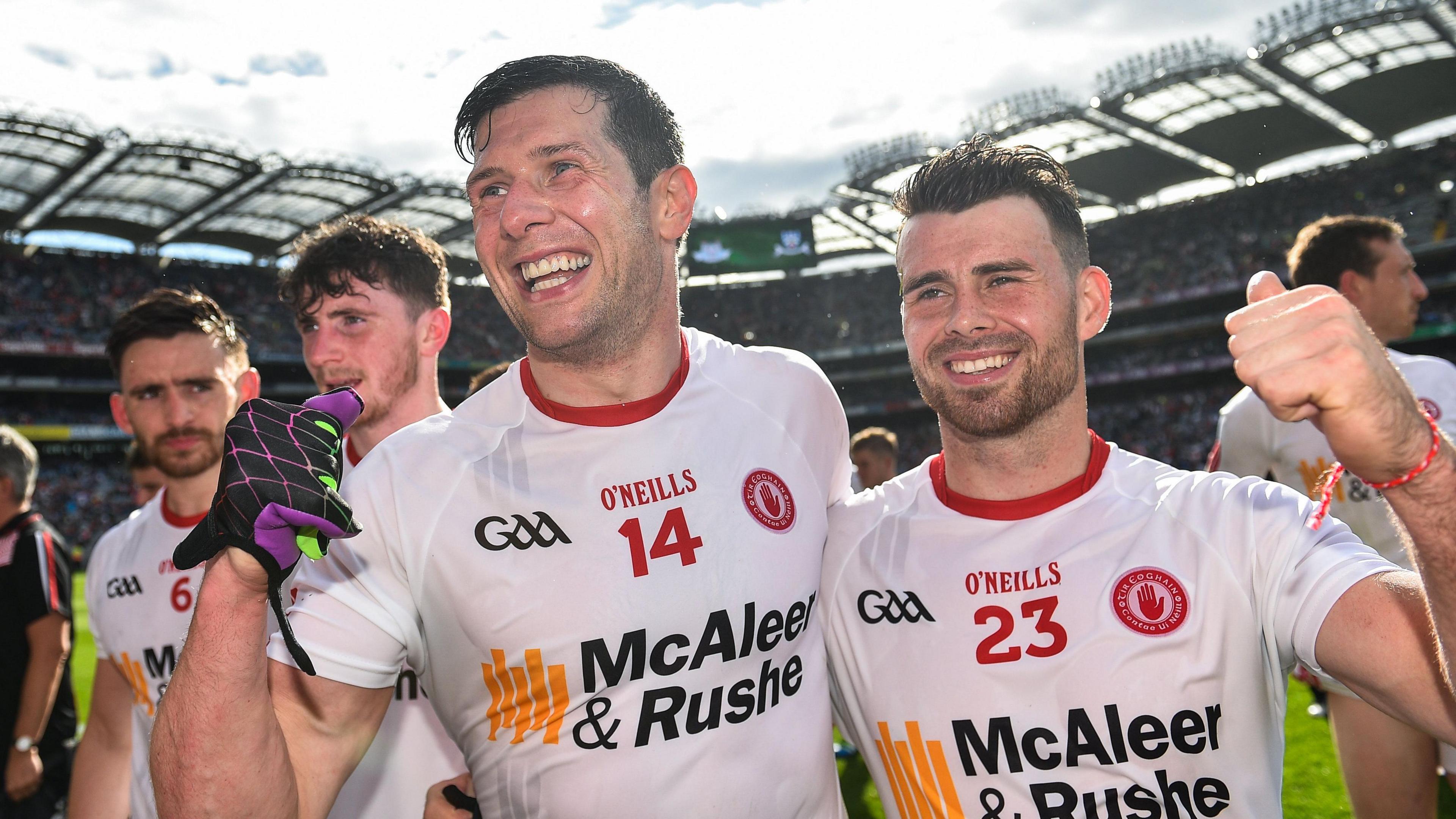 Sean Cavanagh and Darren McCurry celebrate Tyrone's win in 2017