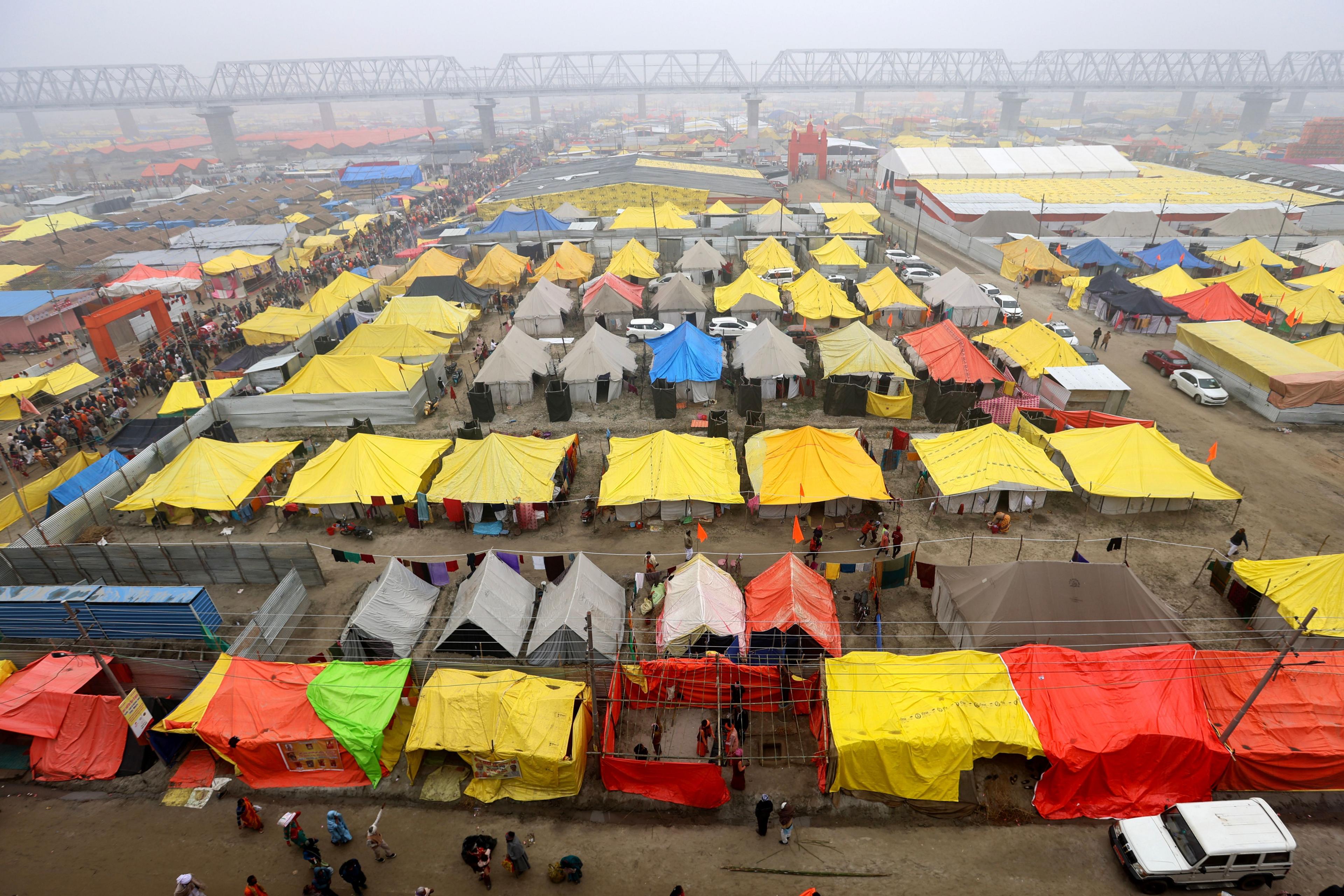 the tents of the temporary city on the first bathing day of the Kumbh Mela festival.