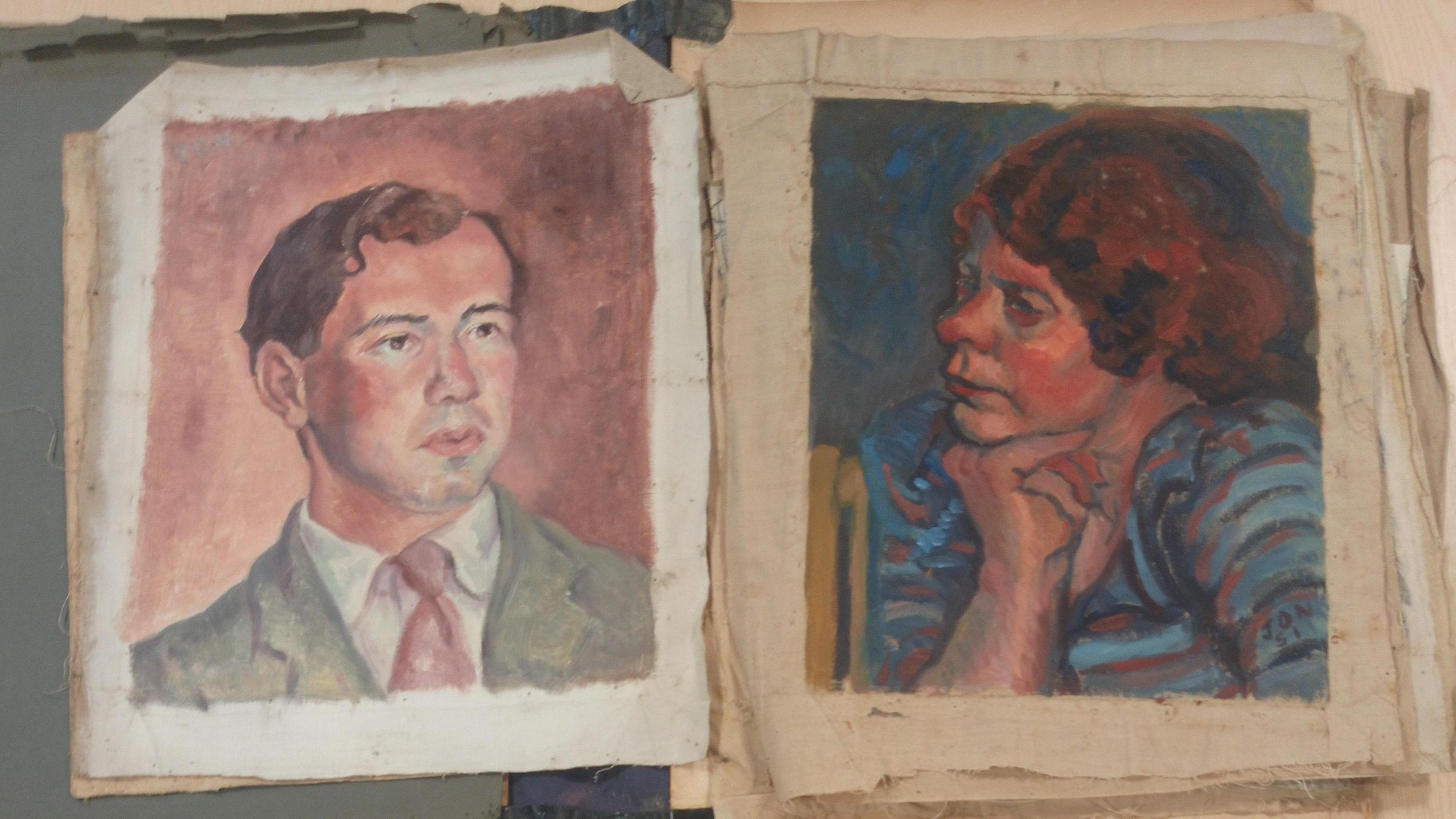 Two painting. One of a man in a suit, shirt and tie and another of a woman with her head on her hand.