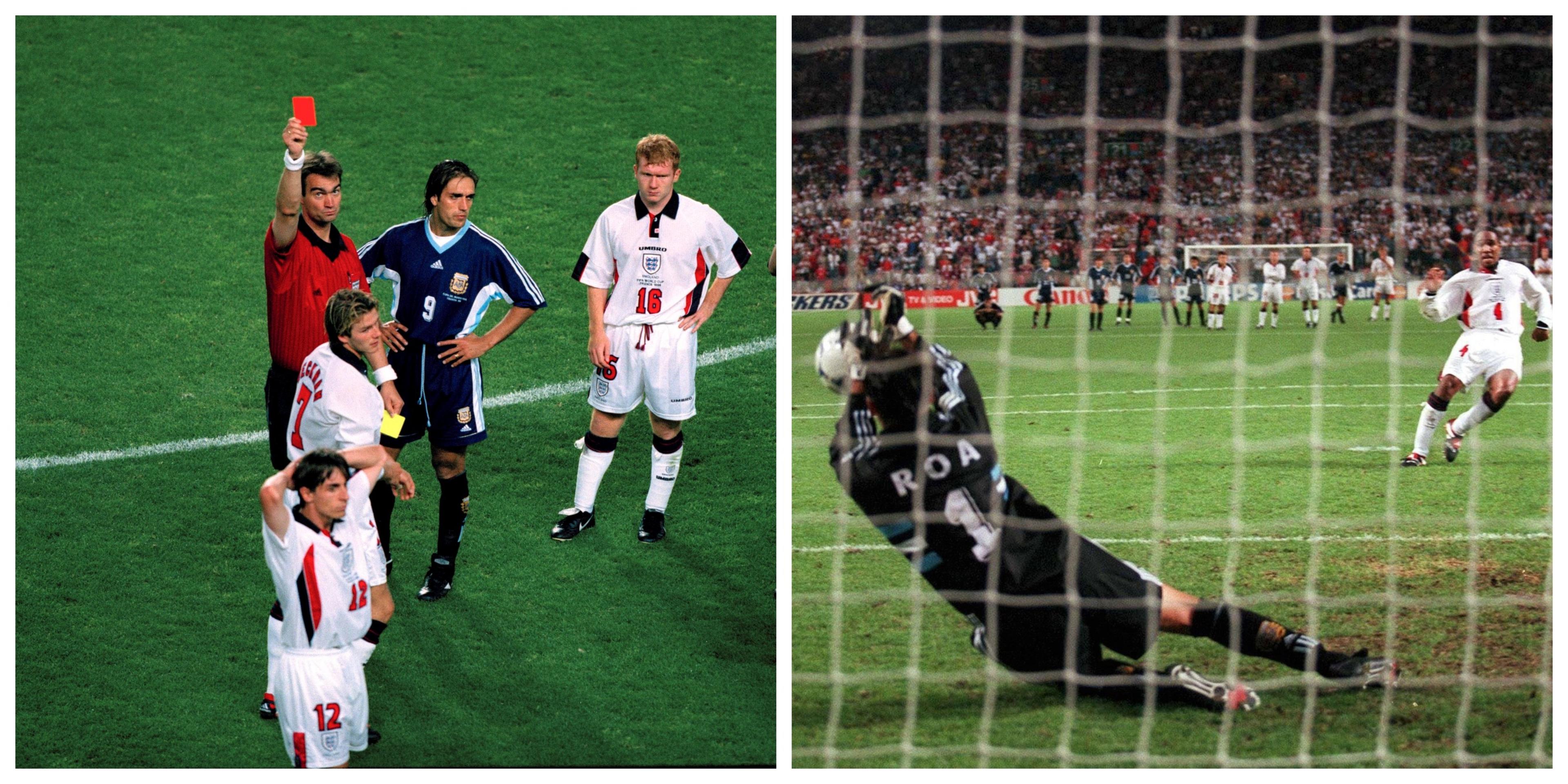 David Beckham gets a red card and Paul Ince misses a penalty against Argentina.