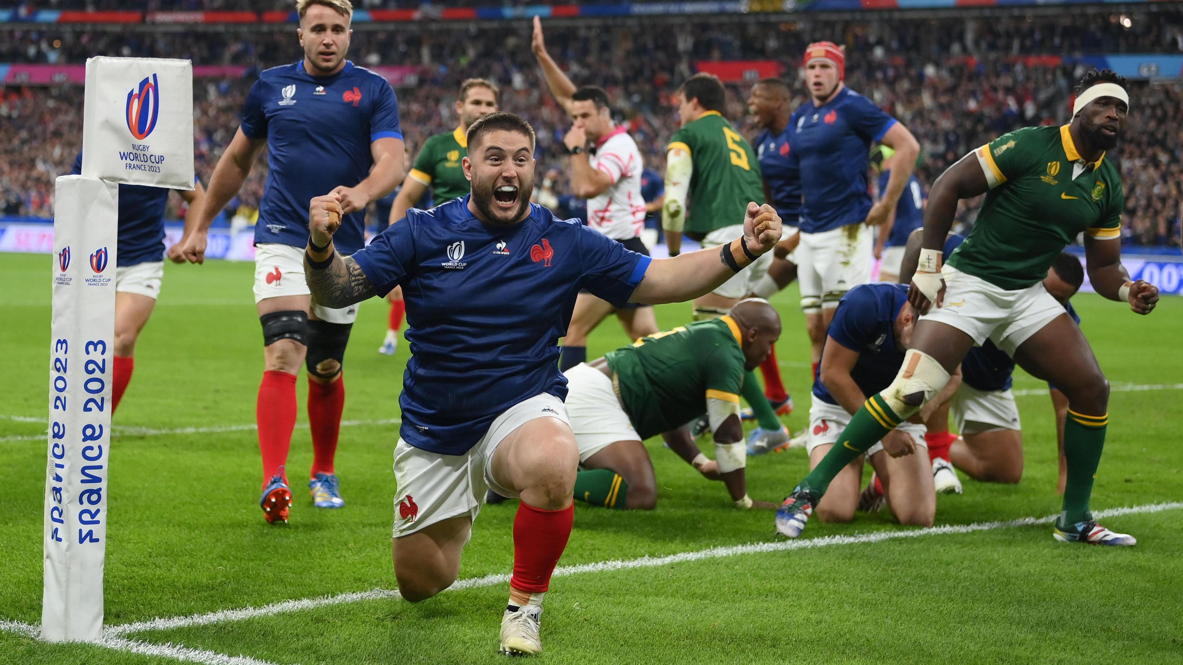 Cyrill Baille celebrates scoring against South Africa