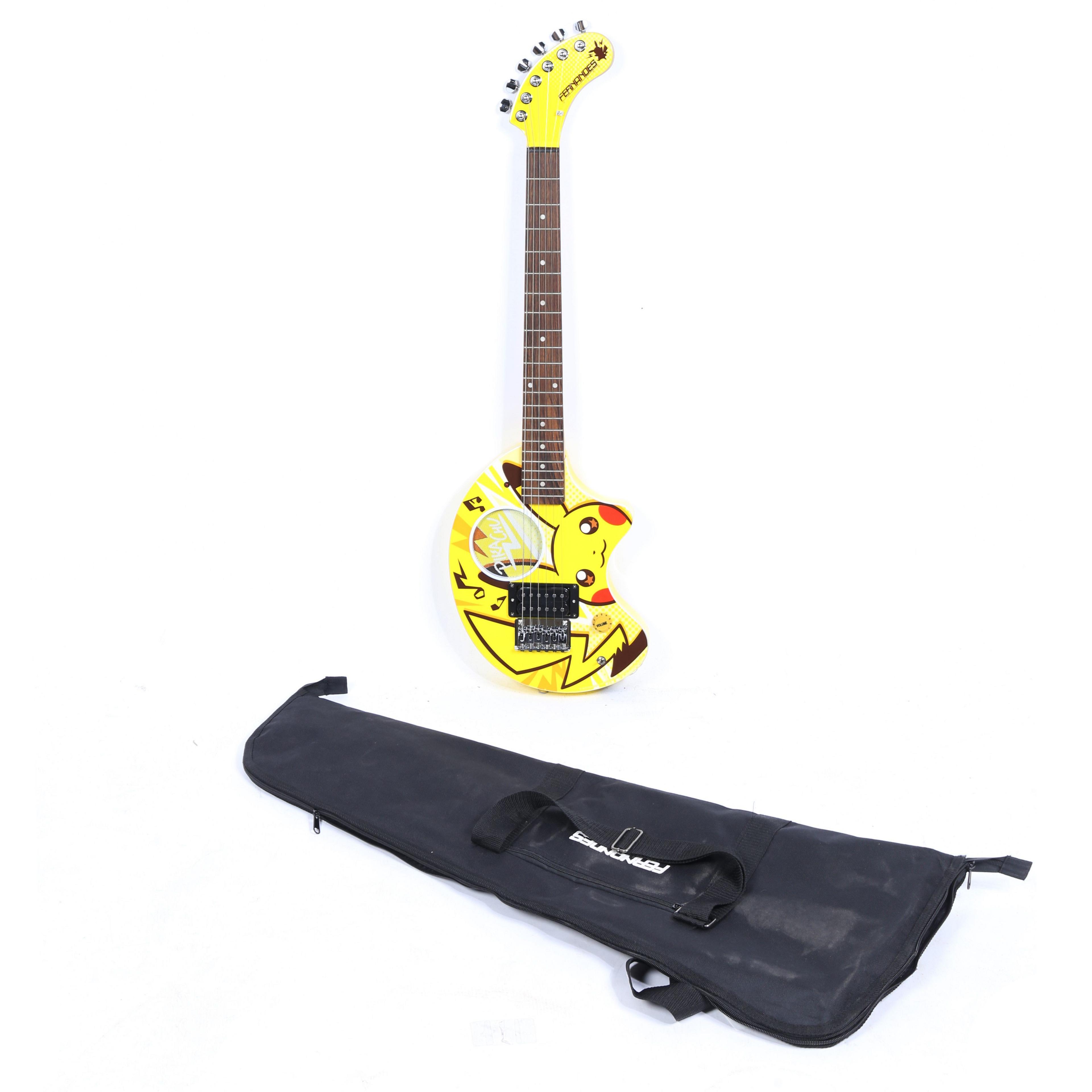 A general view of Ed Sheeran's Fernandes Zo-3 Pokémon-themed limited edition electric guitar. It is yellow with the Pokemon character Pikachu painted onto it. A black guitar case is also pictured below the guitar.