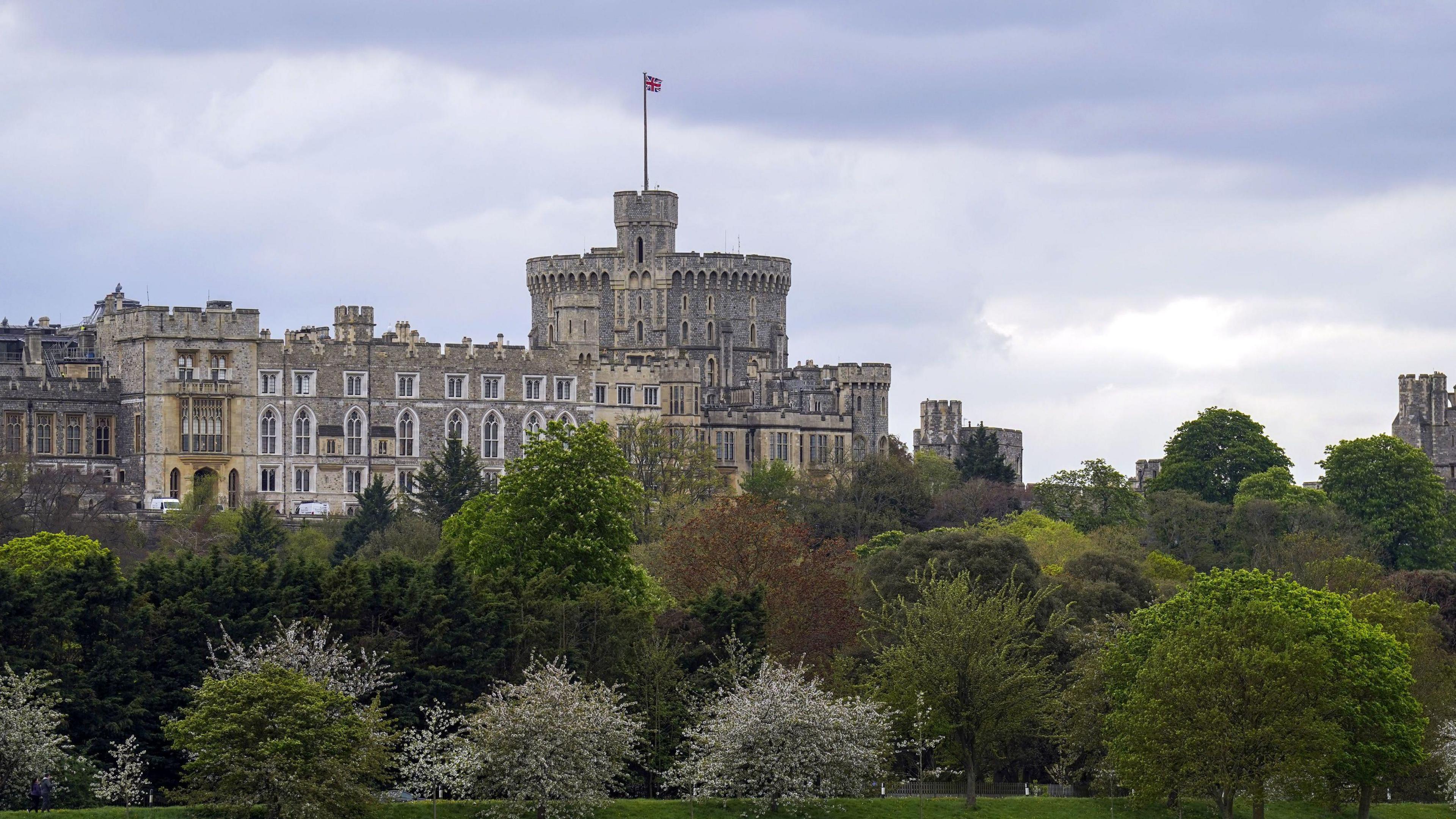 Windsor Castle exterior with trees and a field in front of it